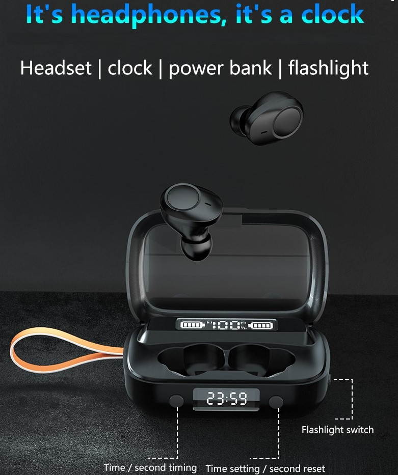 True Wireless Earbuds Bluetooth 5.0 Headphones, IPX7 Waterproof Earphones, HD indicator for battery capacity, integrated with clock and flashight,110H Playtime w/ 3300mAh Charging Case