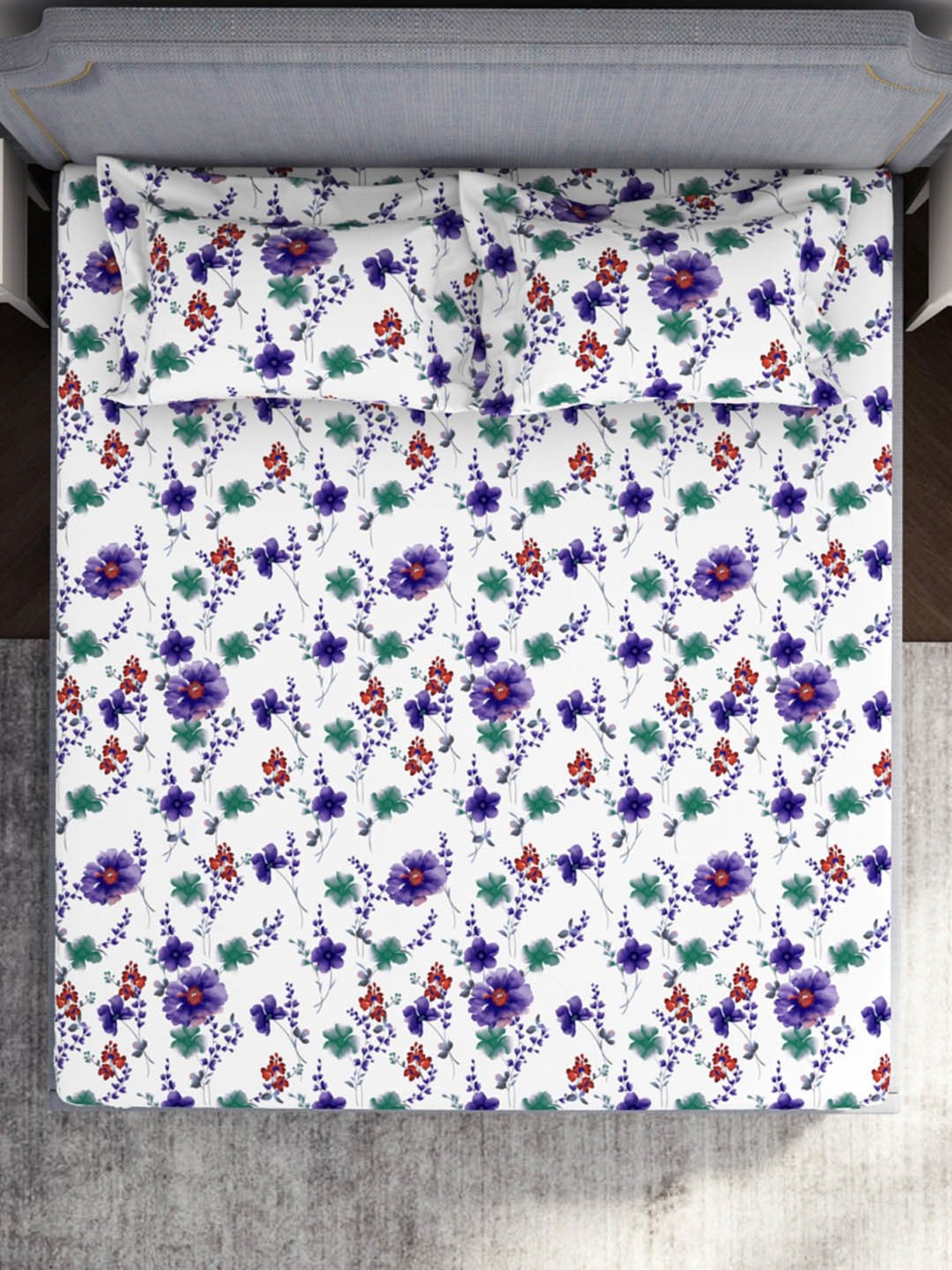 Welspun Adore Floral White 105 TC Microfiber Double Bedsheet with 2 Pillow Covers