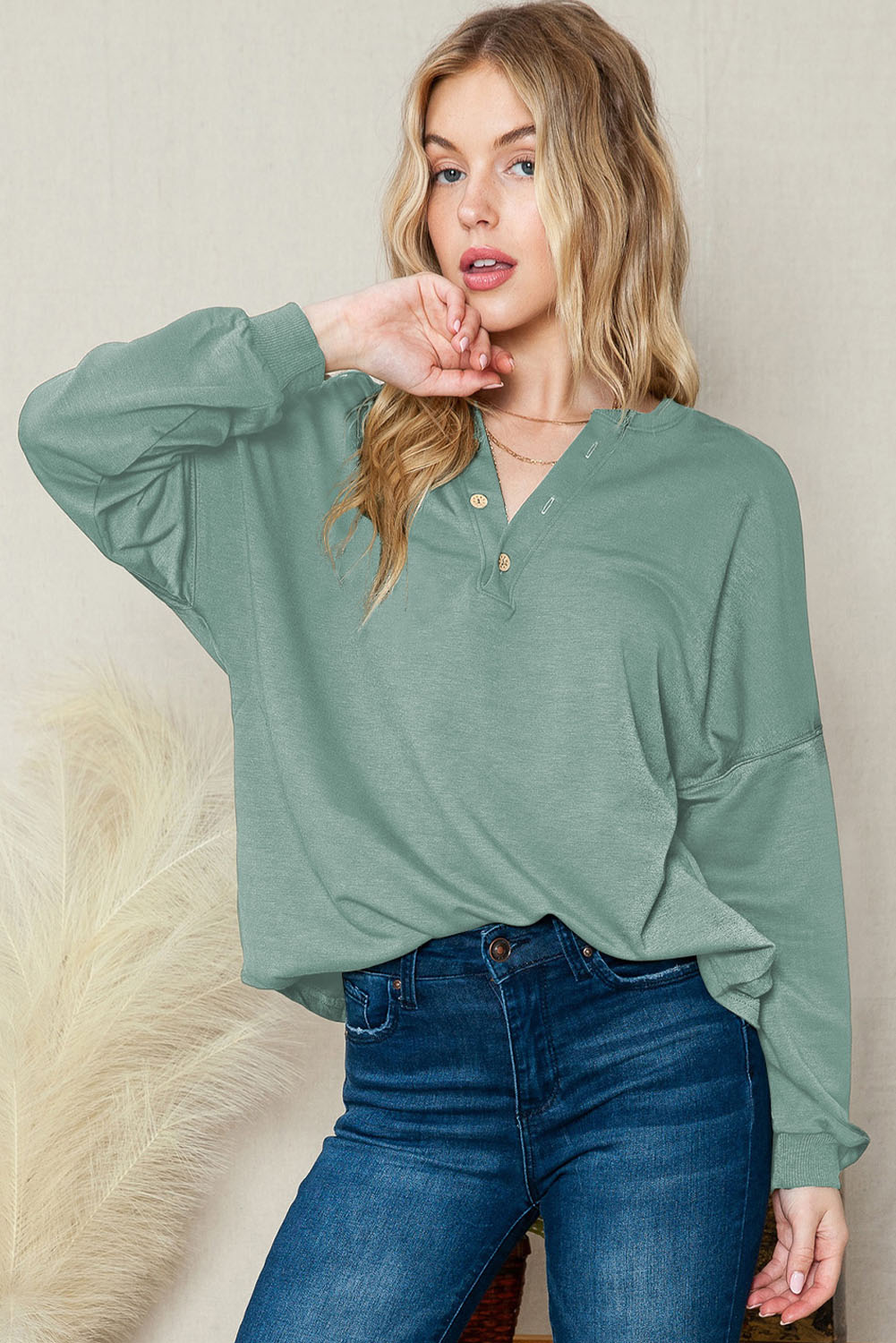 Pale Green Solid Color V Neck Drop Long Sleeve Top