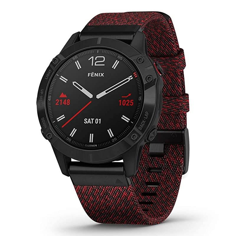 Garmin Fenix 6 Sapphire (Black with Red Nylon Band) Gift Box Bundle | +HD Screen Protectors, Extra Band,  Portable Charger, Adapters & Hard Case | Multisport Fitness Watch