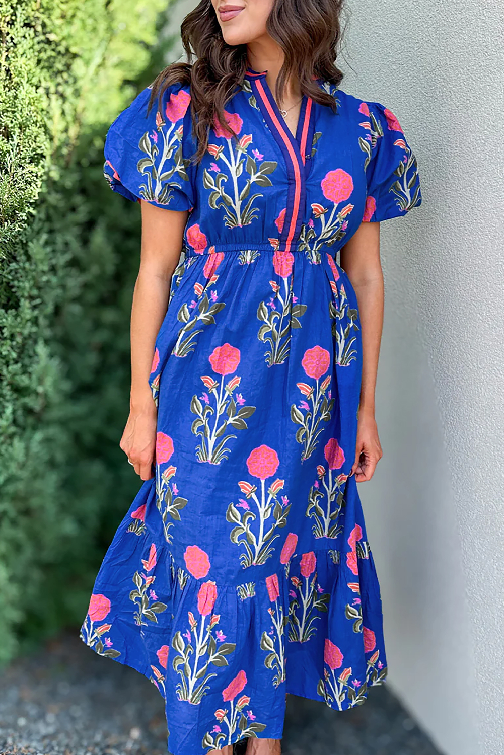 Multicolour Floral Print Split Neck Midi Dress