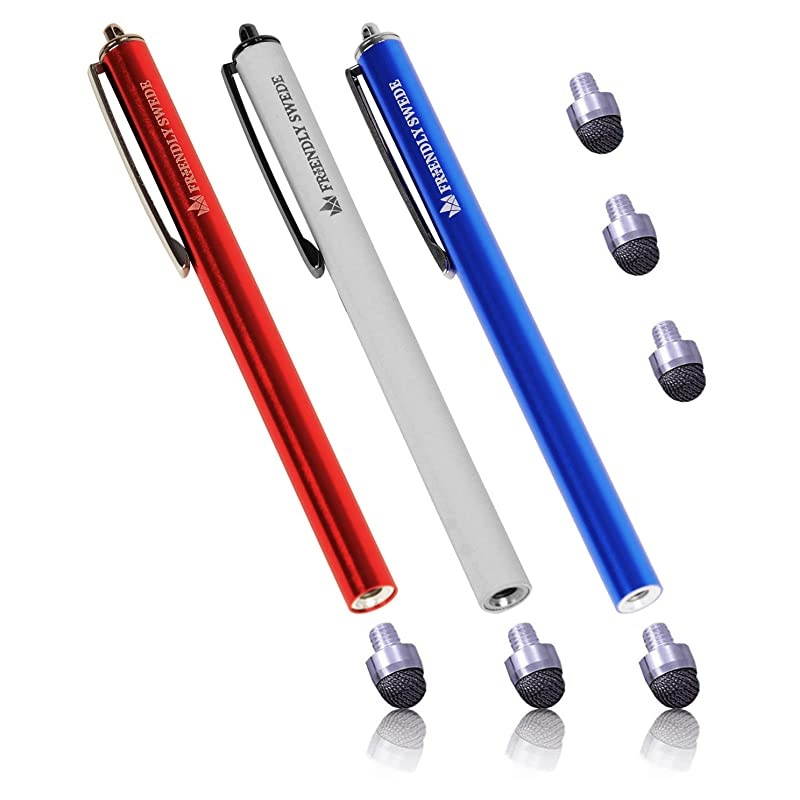 Stylus Pen Replaceable Micro-Knit Mesh Tip - Capacitive Touchscreen Stylus, Tablet Styli with Lanyards, Screen Cleaning Cloth and Replacement Tips (3 Pack) (Blue + White + Red)