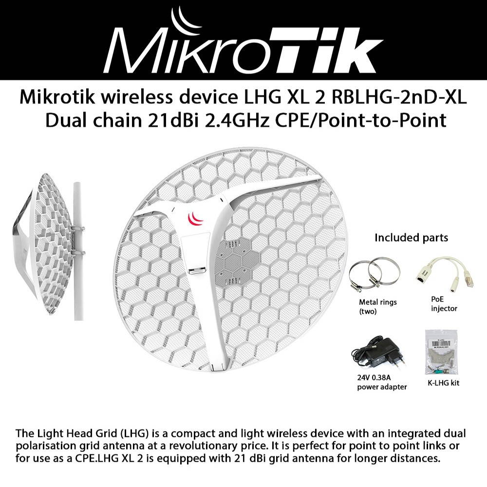 Mikrotik LHG XL 2 RBLHG-2nD-XL wireless device Dual chain 21dBi 2.4GHz CPE/Point-to-Point Integrated Antenna for longer distances