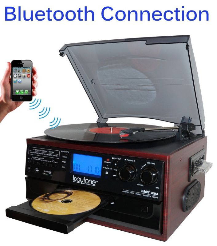 Boytone BT-22C, Bluetooth IN & OUT Record Player Turntable, AM/FM, Cassette, CD Player, Built in speaker, Ability to con