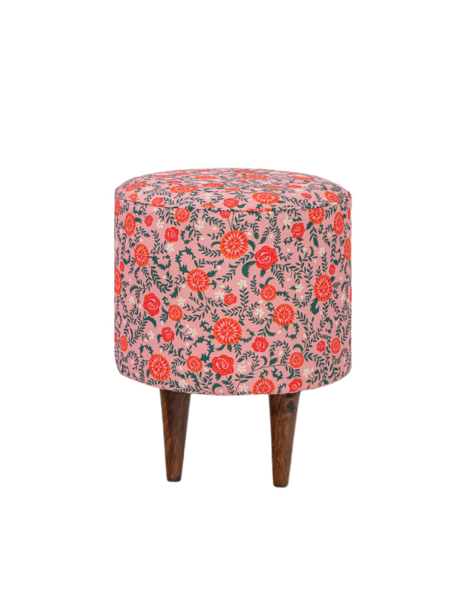 Chumbak French Earthy Floral Pink Wood Ottoman