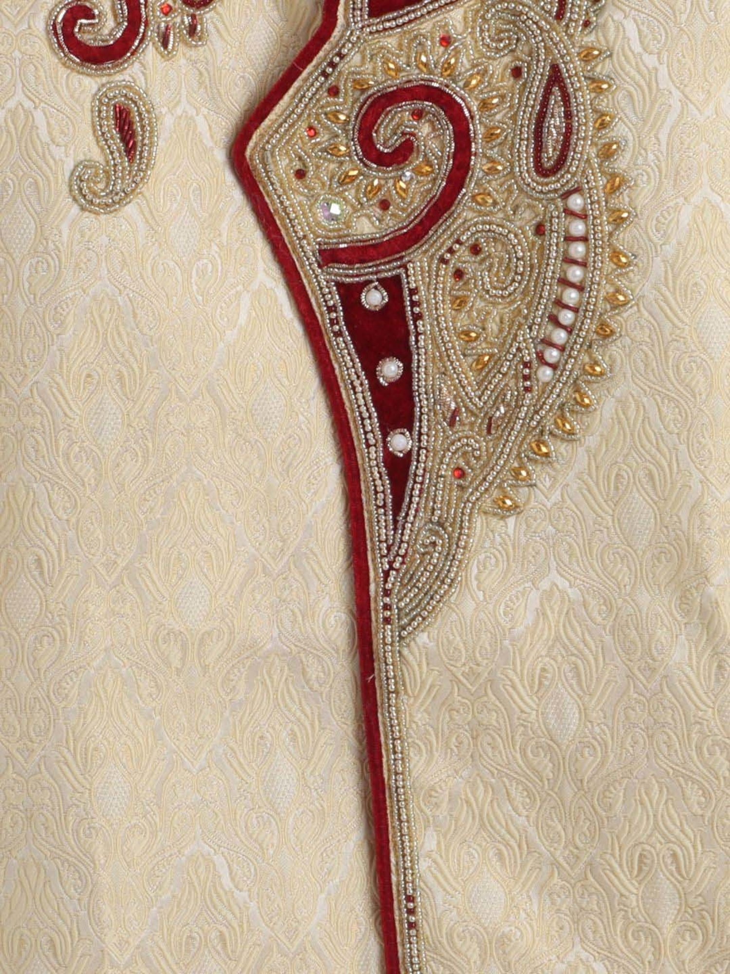 Ahhaaaa Kids Gold & Red Embellished Full Sleeves Sherwani Set