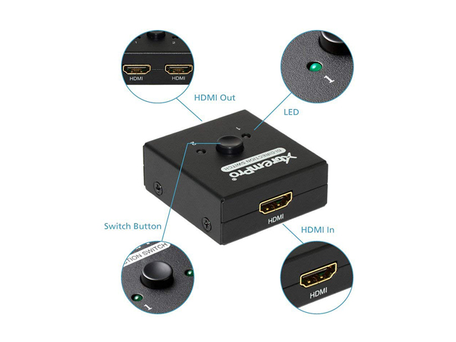 XtremPro 61032 4K HDMI 4K 2 Ports Bi-Direction Switch, 2 x 1 / 1 x 2 Hub-HDCP Passthrough, Supports Ultra HD 4K, 3D, 1080P, 1080i, 720p, No power Source need - Black