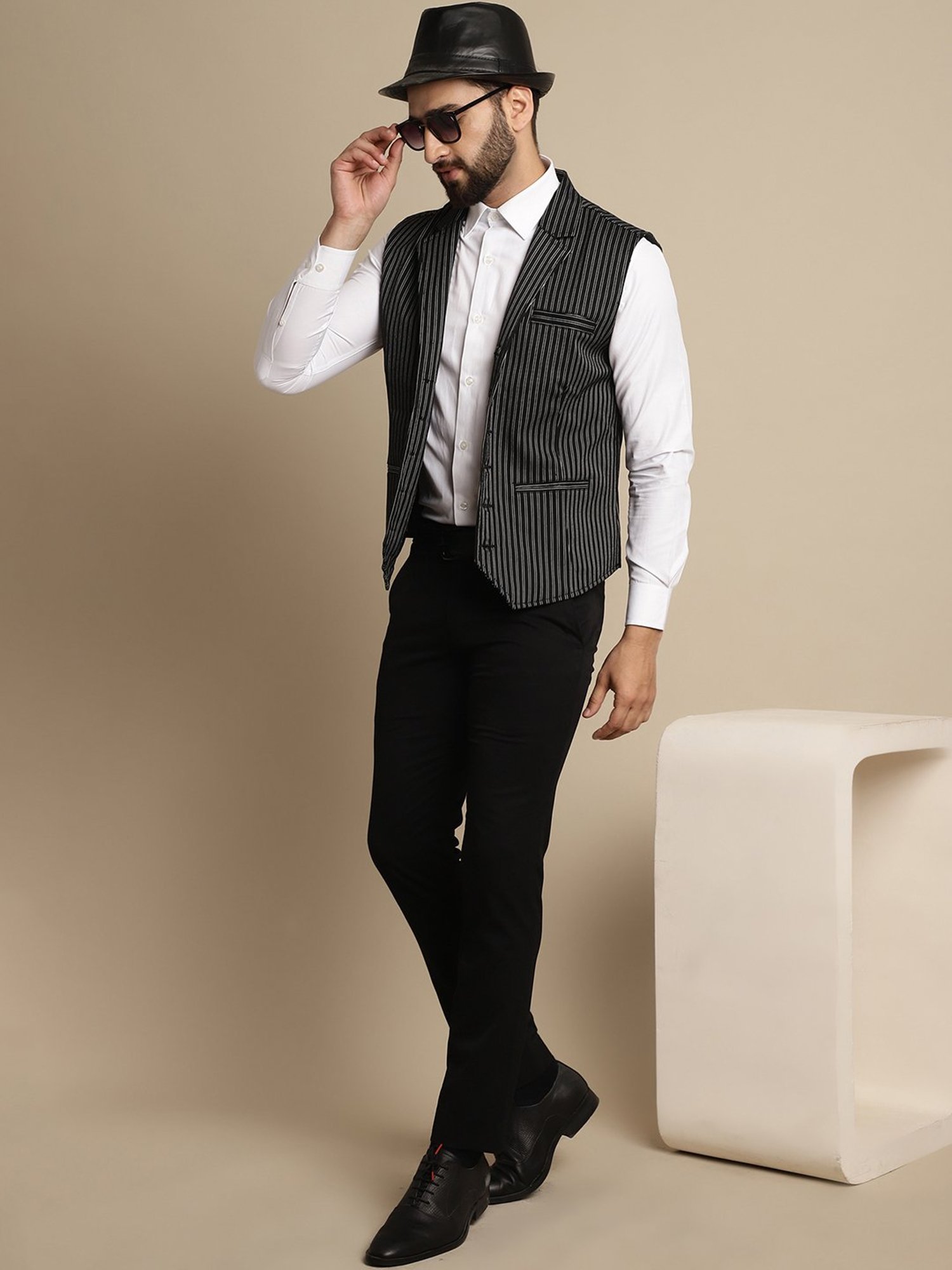 Even Black Regular Fit Striped Notch Lapel Waistcoat