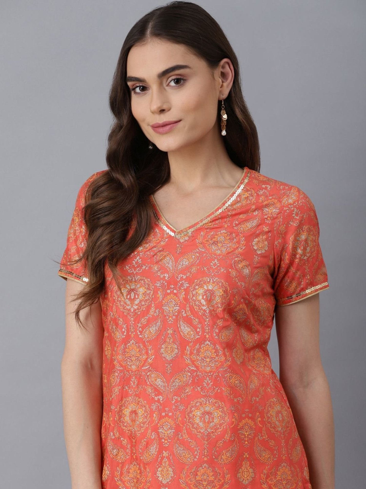 Aure by Aurelia Orange & Yellow Printed Kurta Palazzo Set