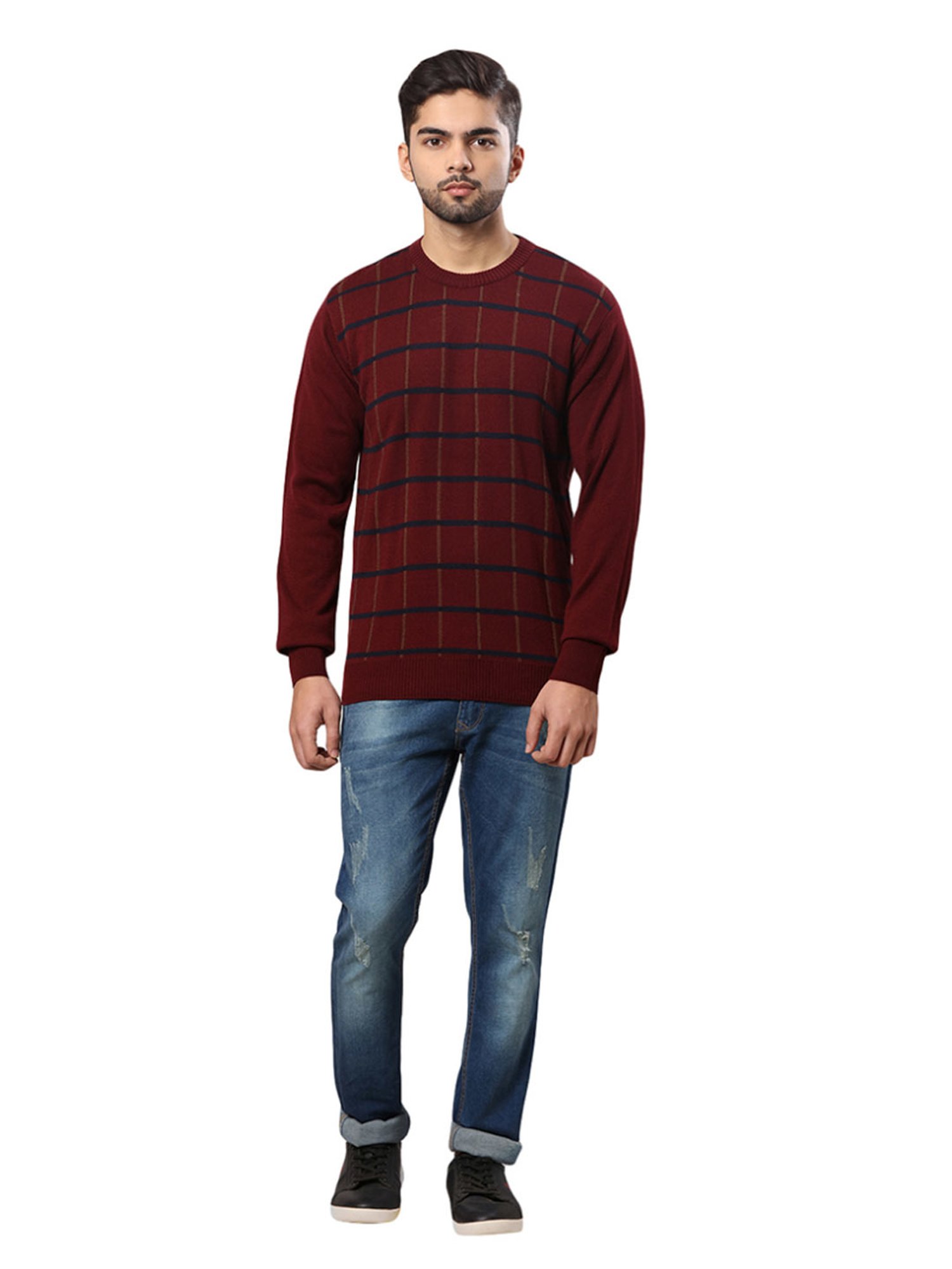 Raymond Maroon Regular Fit Checks Sweater