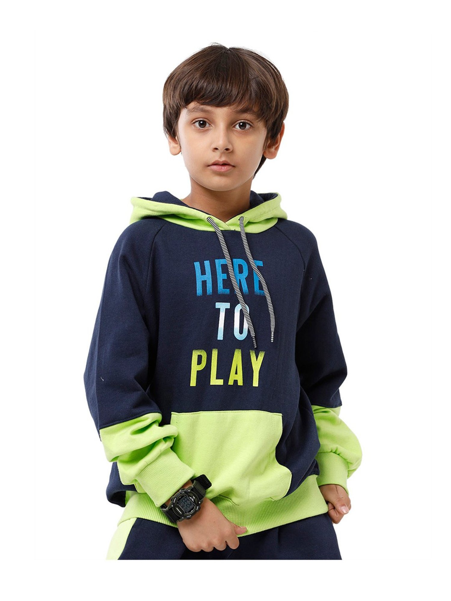 Under Fourteen Only Kids Navy & Lime Green Printed Full Sleeves Sweatshirt