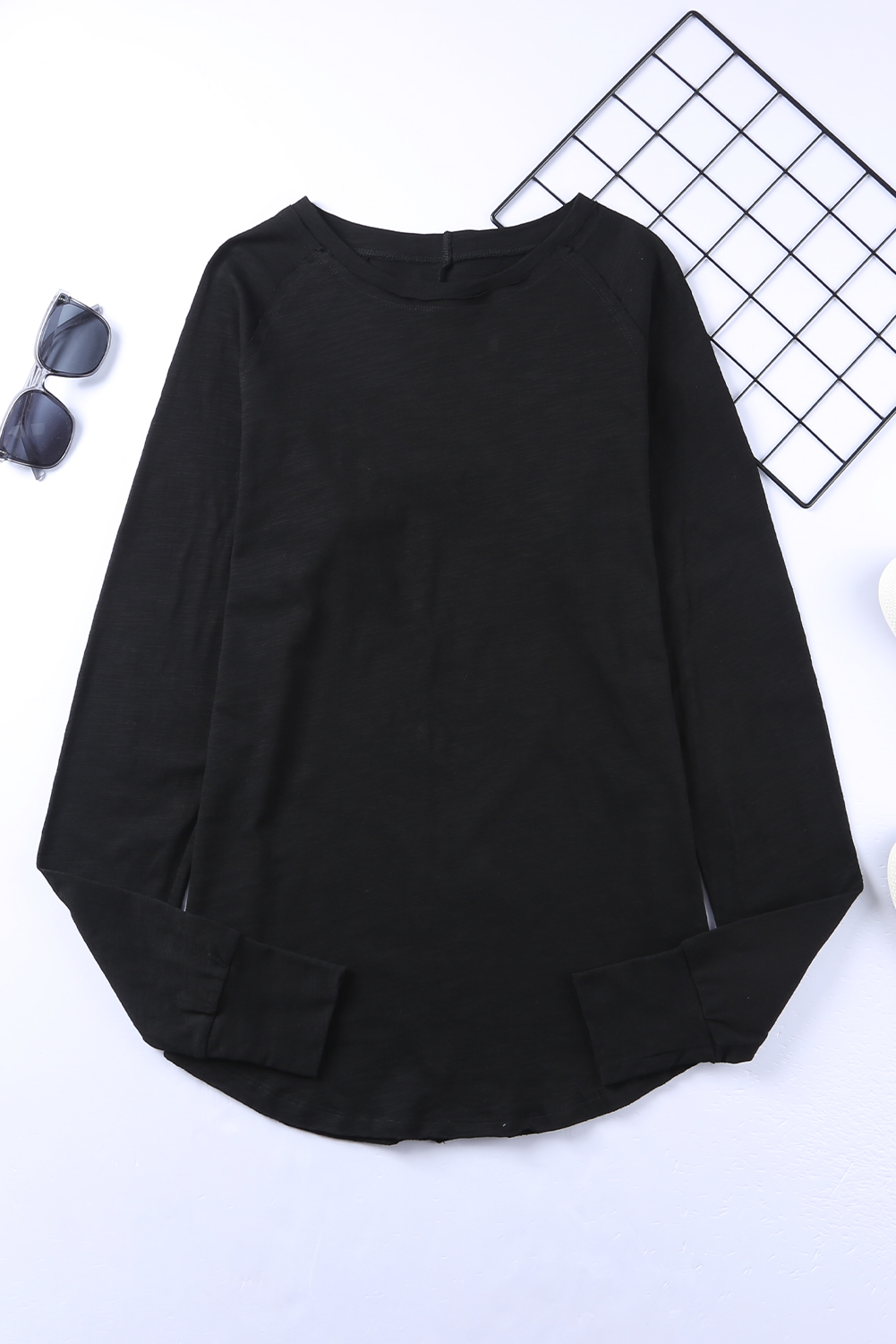 Black Plain Casual Thumbhole Long Sleeve Top