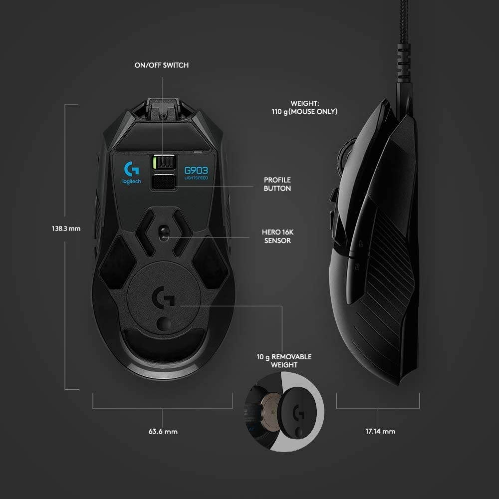 Logitech G903 LIGHTSPEED Wireless Gaming Mouse W/ Hero 25K Sensor PowerPlay Compatible 140+ Hour with Rechargeable Battery and Lightsync RGB Ambidextrous 107G+10G optional 25600 DPI