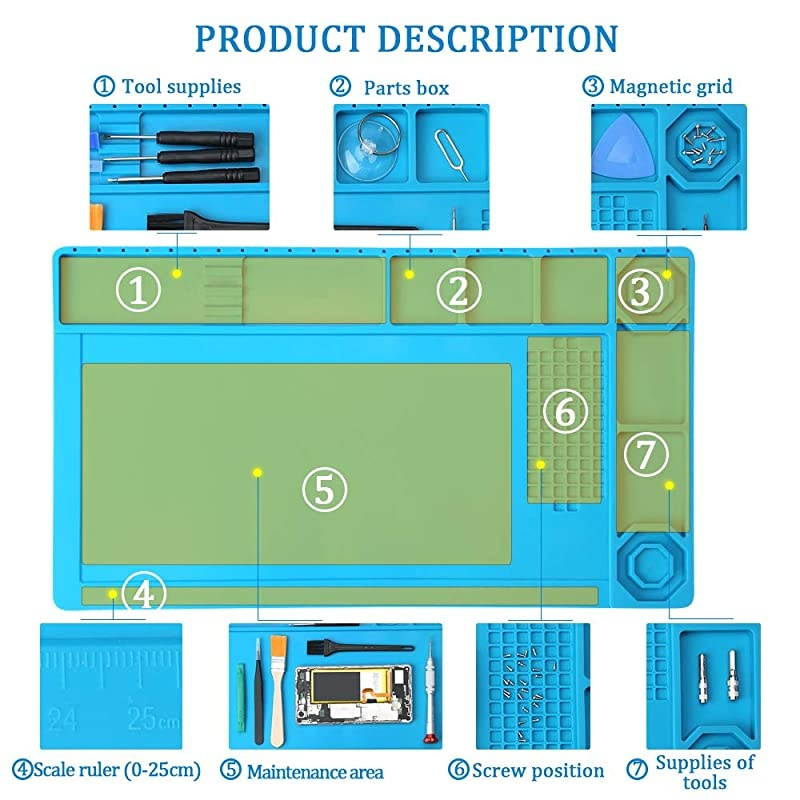 Heat Insulation Repair Mat  Magnetic Silicone Soldering Pad BGA Perfect for Soldering Iron Station Repair Watch Phone Computer Boune with AntiStatic Wrist Strap Size1583 Inches