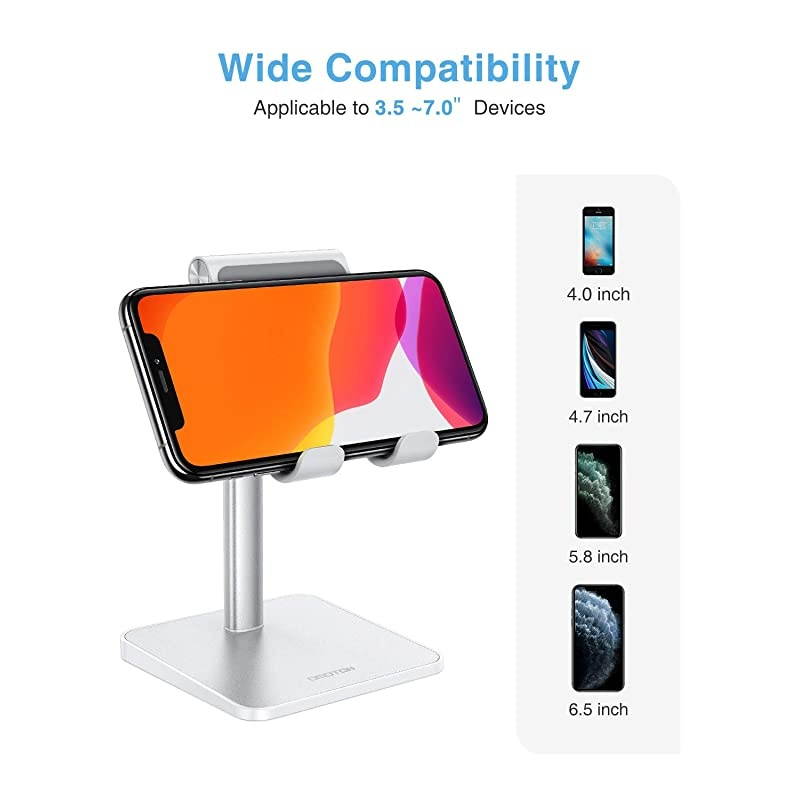 Cell Phone Holder for Desk  Cell Phone Stand Dock Adjustable Angle 545&deg; for Office Kitchen Movies Compatible with iPhone 1111 ProXs MaxSe2 and All Smartphones 3570 Inch Silver
