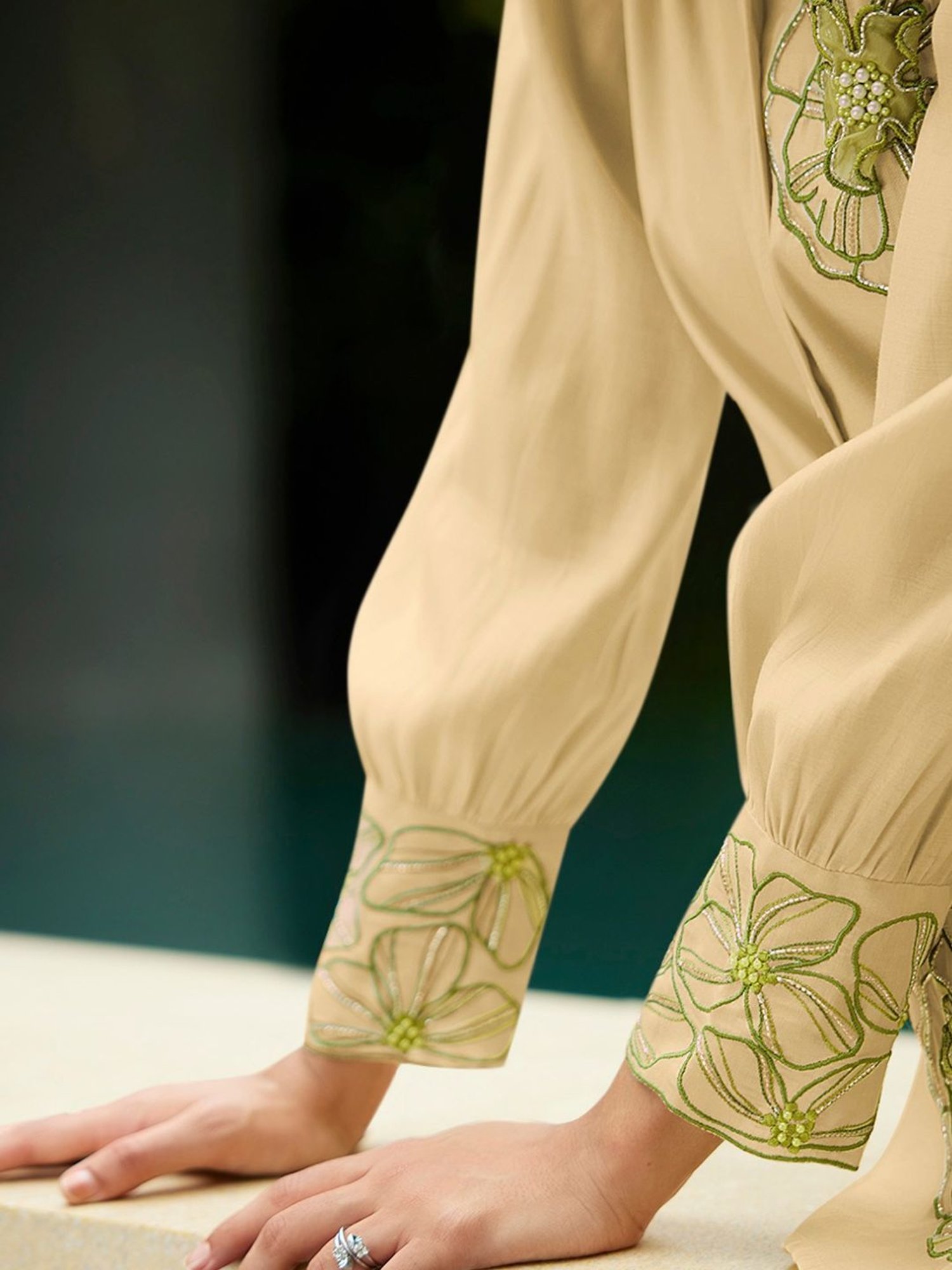 Kaftanize Kiaa Yellow Creme Applique and Embroidered Shirt with Pant