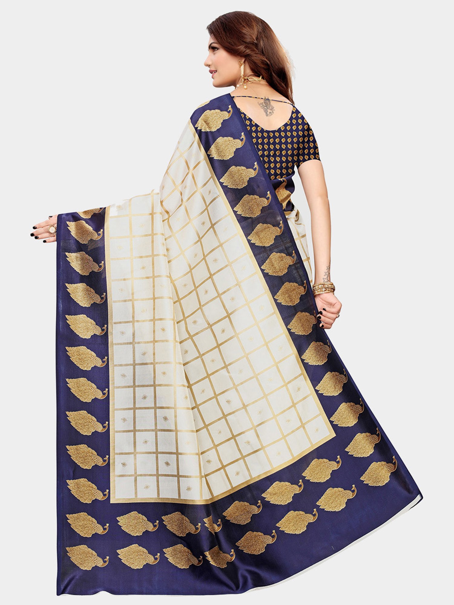 KSUT Beige & Purple Check Saree With Blouse