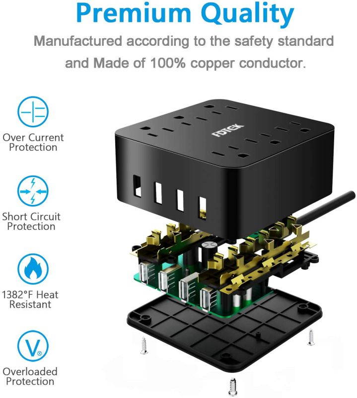 Power Strip Surge Protector with 4 USB Charging Ports and 6 AC Outlet, Desktop Charging Station with 4.6 ft Extension Cord, Circuit Breaker Safeguard Home&Office Accessories, Portable for Travel-Black