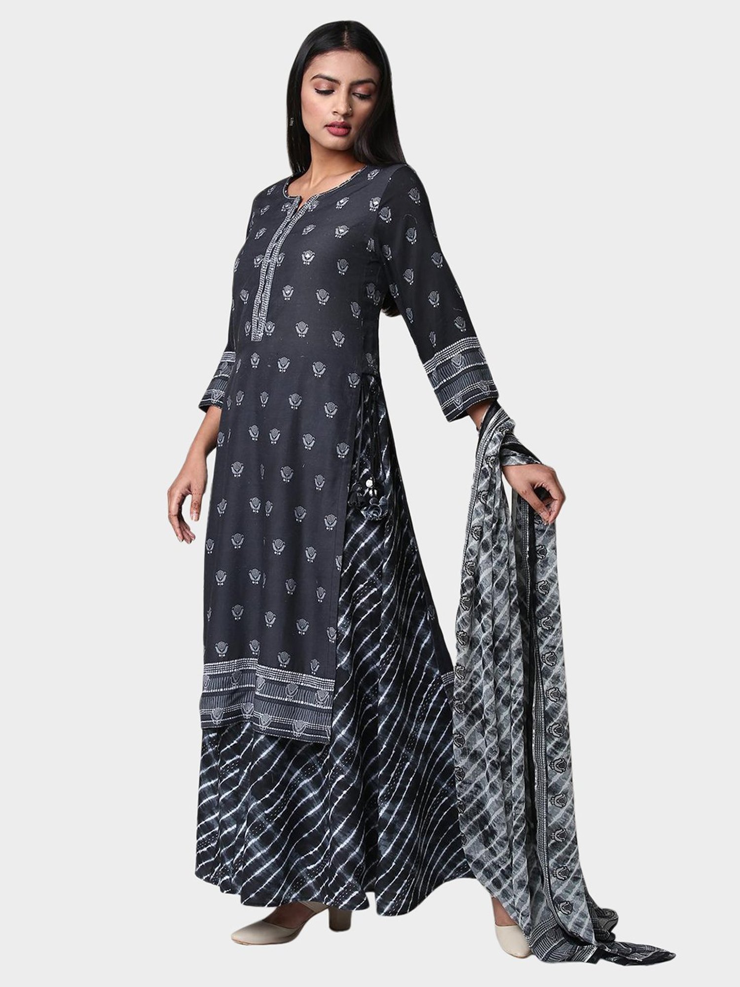 Biba Black Printed Kurta With Skirt & Dupatta