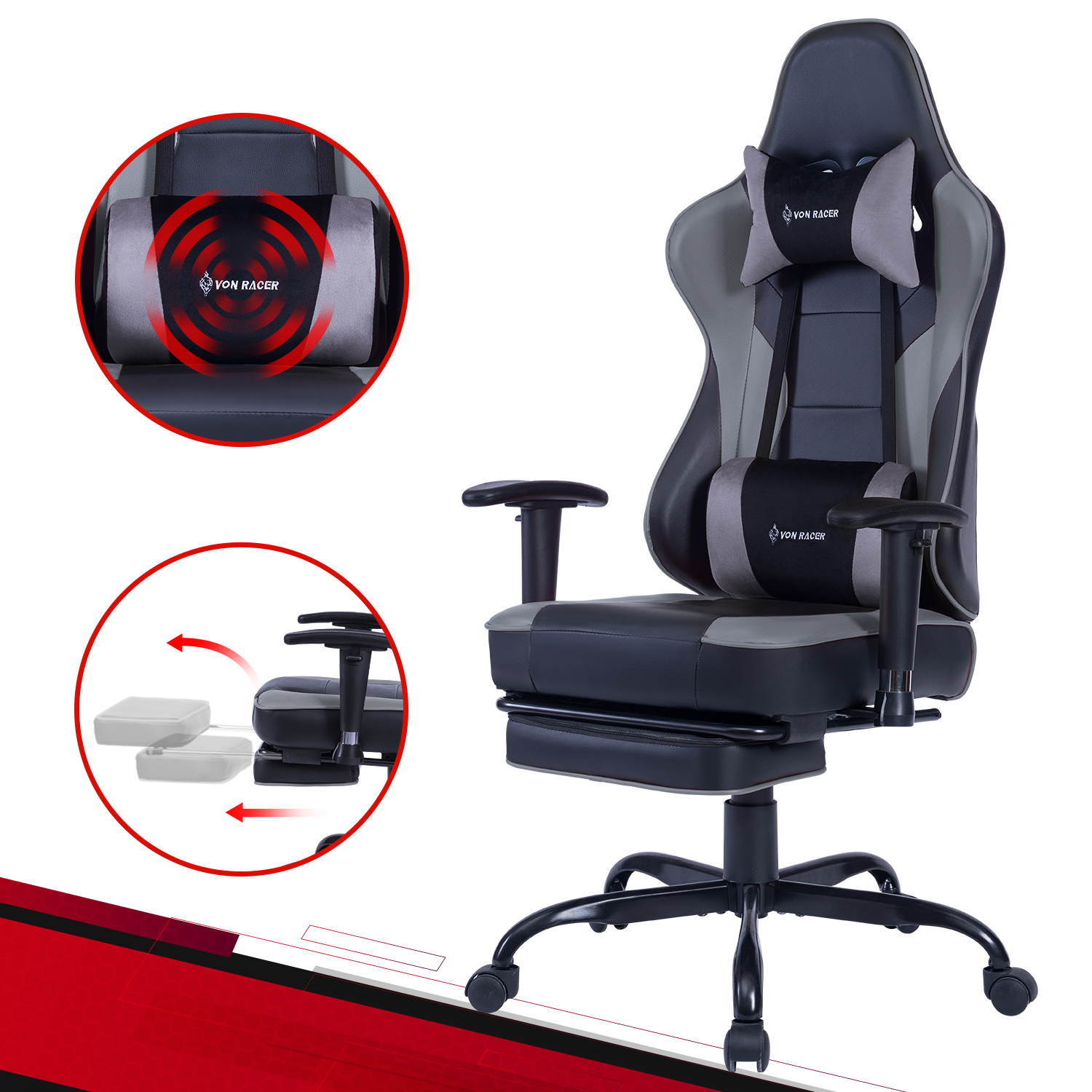 VON RACER Massage Gaming Chair - High Back Racing PC Computer Desk Office Chair Swivel Ergonomic Executive Leather Chair with Footrest and Adjustable Armrests(Grey)