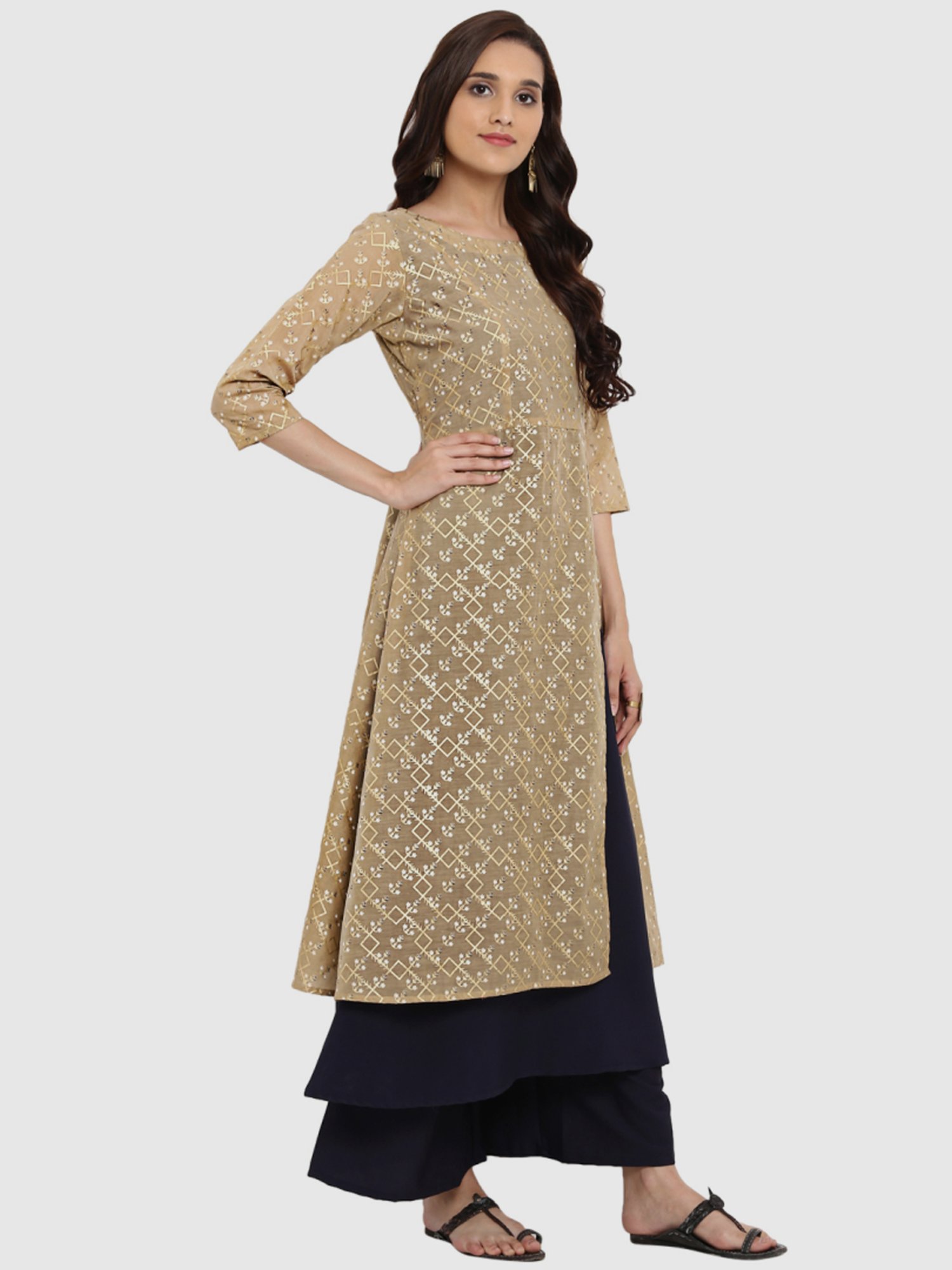 Ziyaa Beige & Navy Printed Kurti Palazzo Set