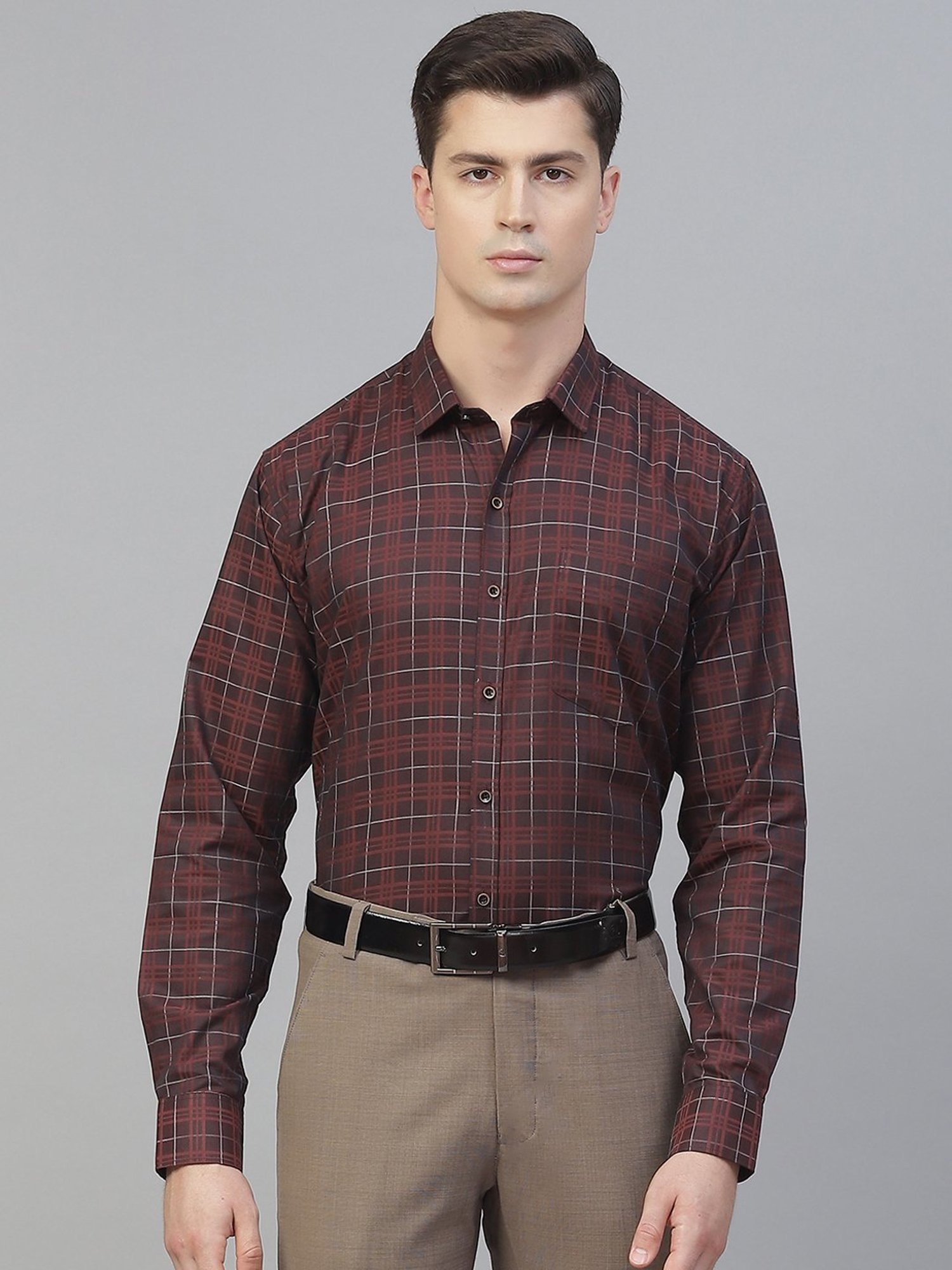 ManQ Dark Maroon Cotton Regular Fit Checks Shirt