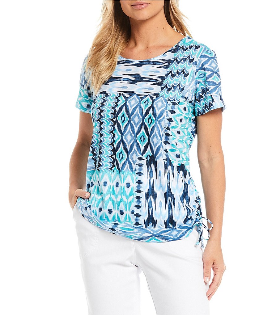 Allison Daley Ikat Patchwork Print Short Sleeve Side Ruched Detail Top