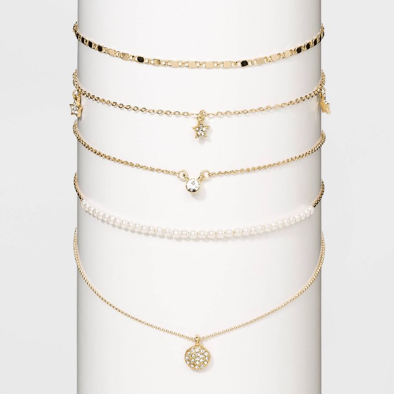 Crystal Acrylic Stones White Pearls Multi Necklace Set - Wild Fable™ Gold