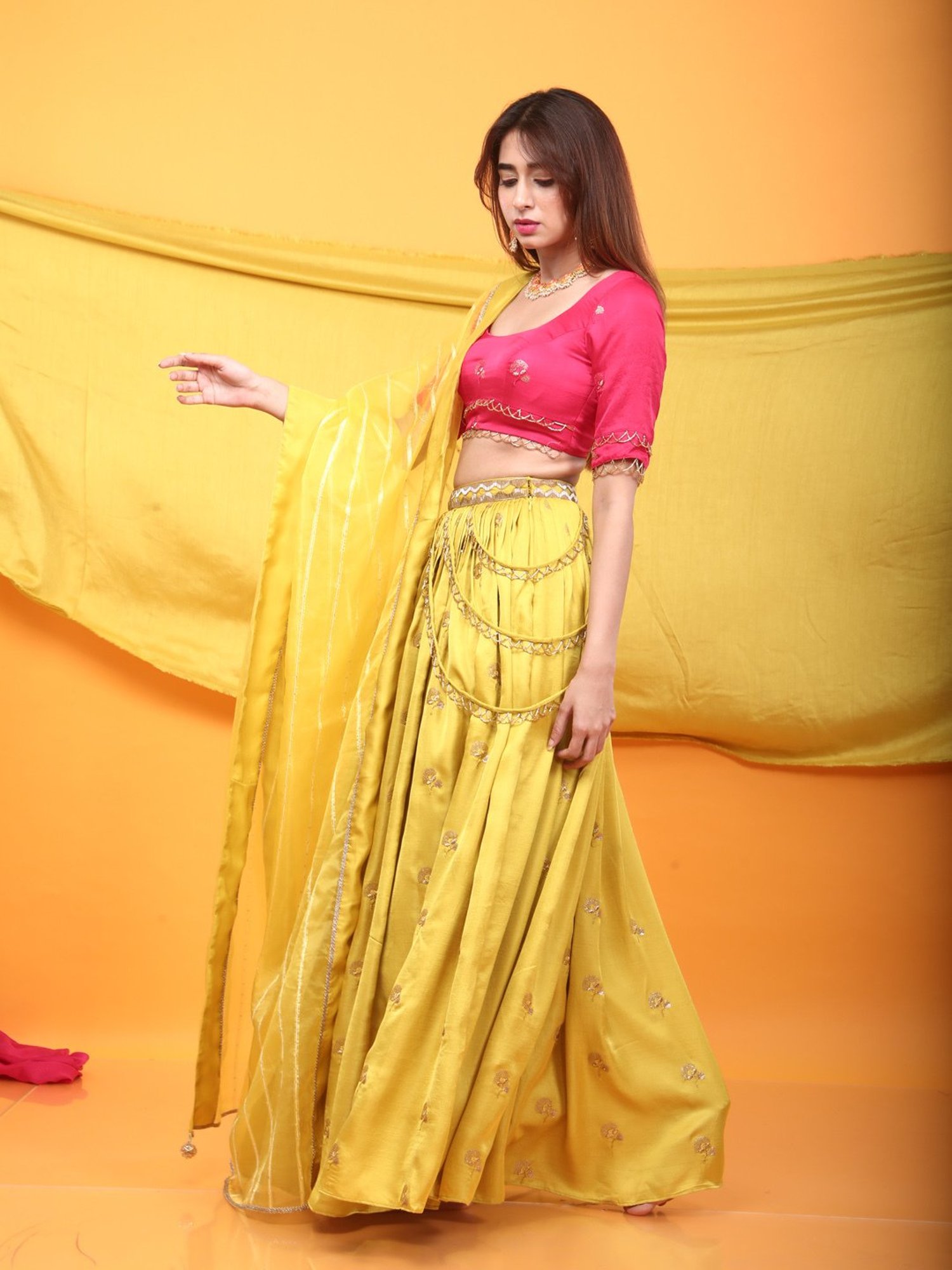 Monk & Mei Gulkari Lehenga and Blouse Set-Fuchsia Pink & Canary Yellow