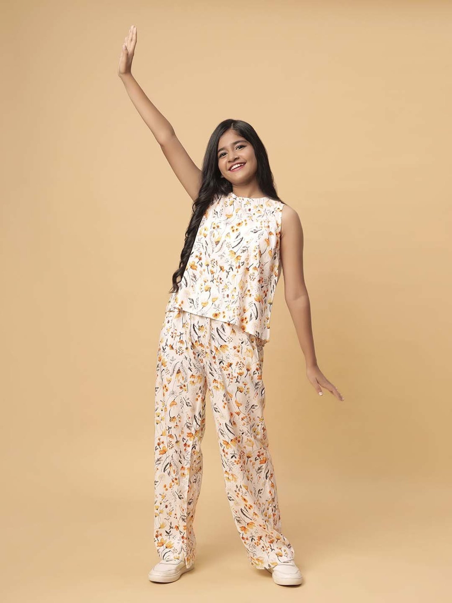 TeenTrums Kids White & Yellow Floral Print Top Set