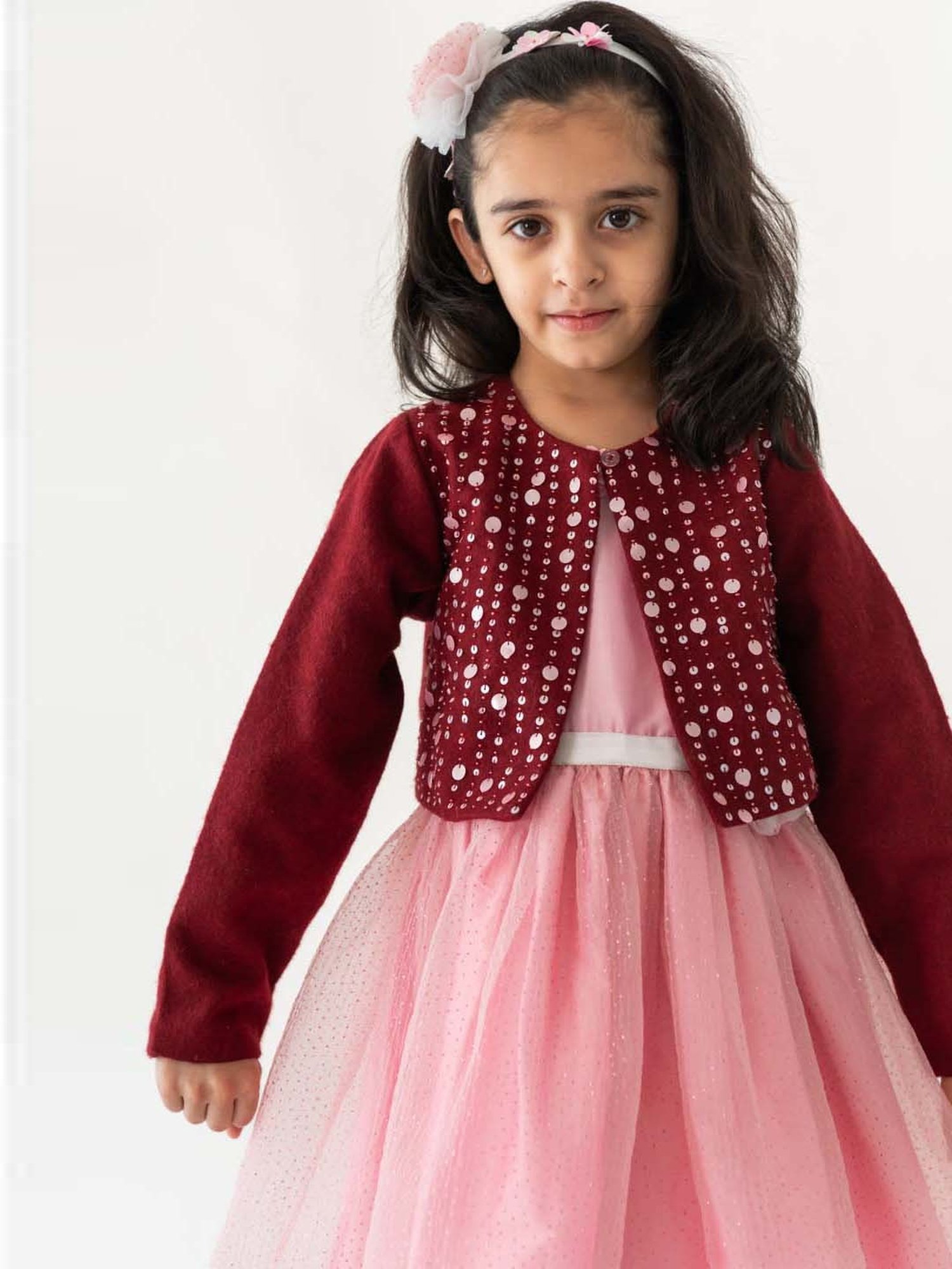 A Little Fable Maroon Embellished Full Sleeves Shrug