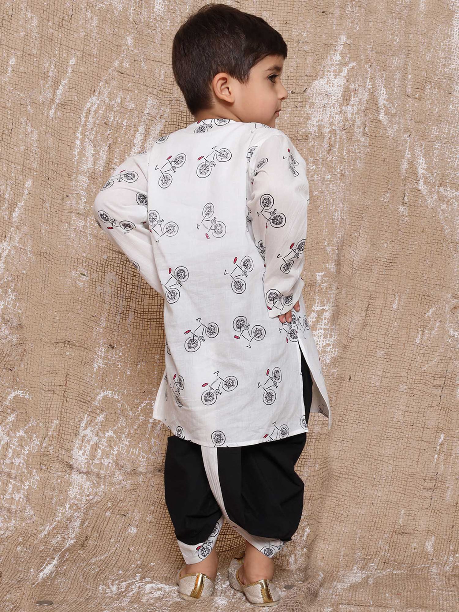 AJ Dezines Kids White & Black Printed Full Sleeves Kurta with Dhoti