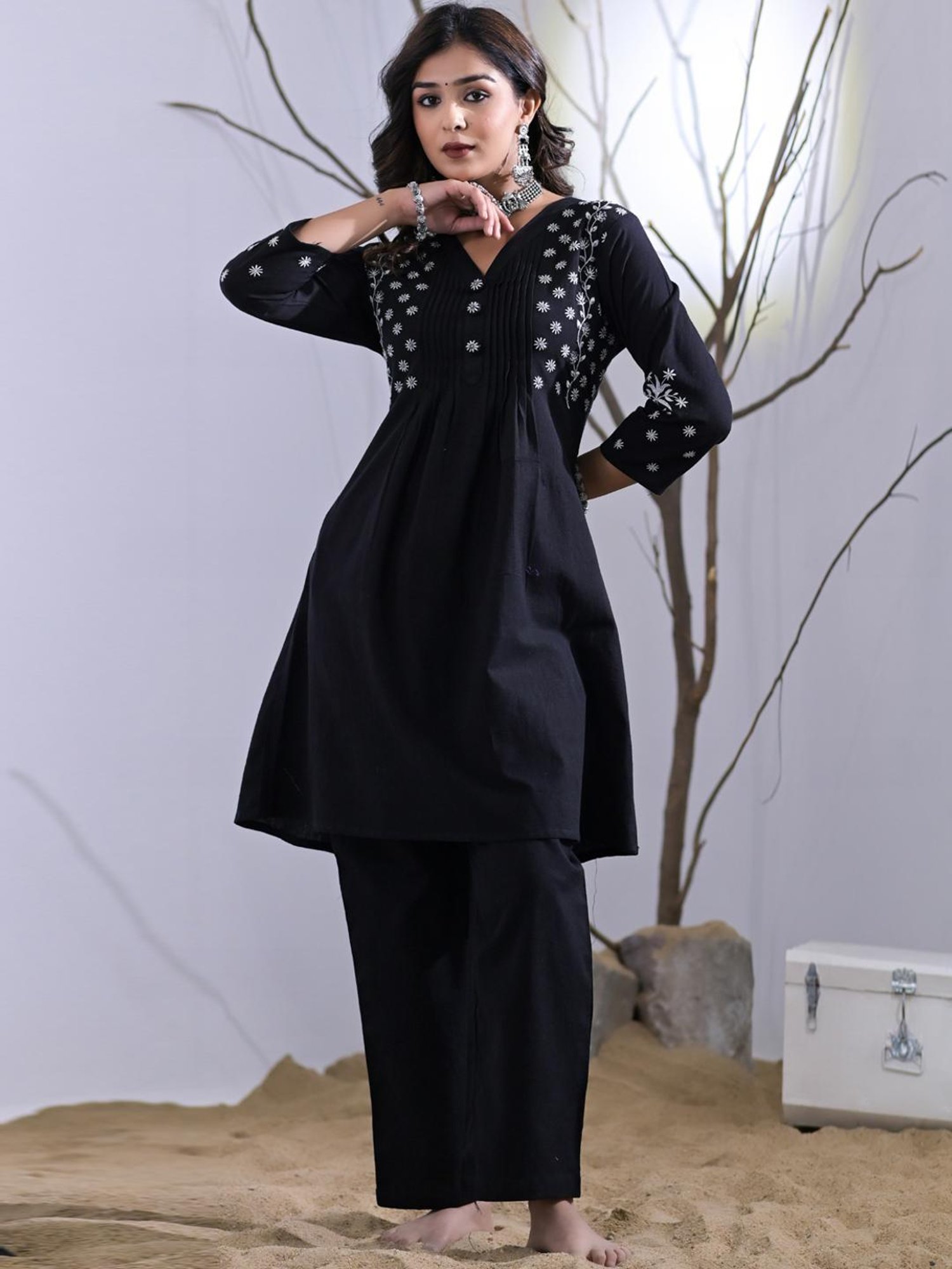 READIPRINT FASHIONS Black Embroidered Tunic Palazzo Set