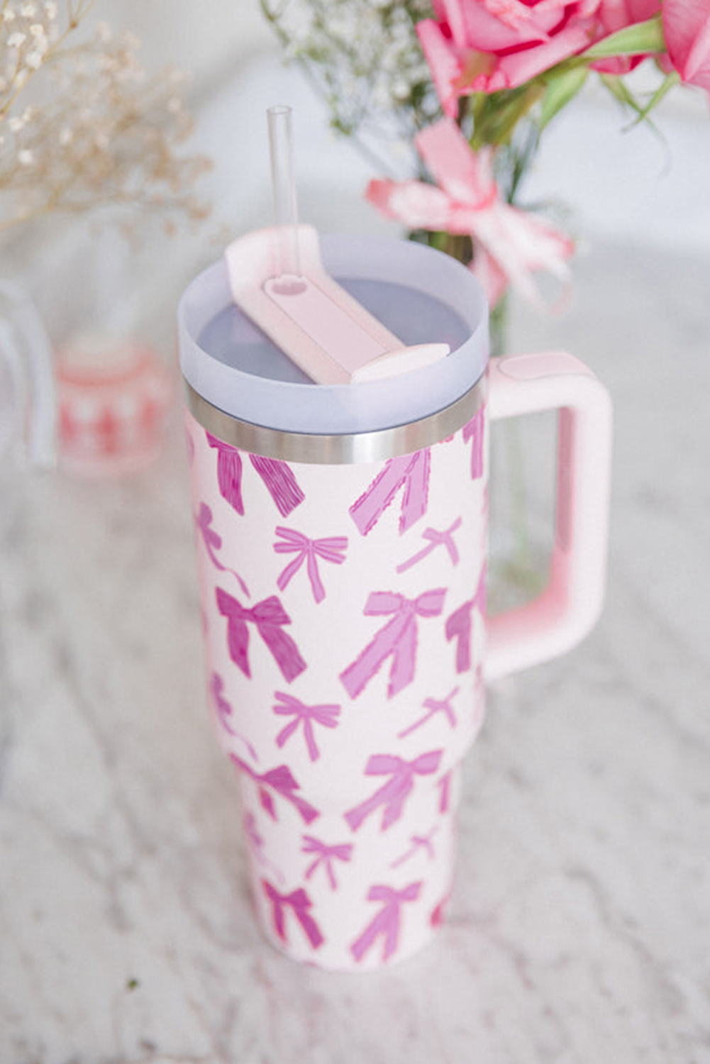Pink Checkered Print Handled Stainless Steel Tumbler Cup
