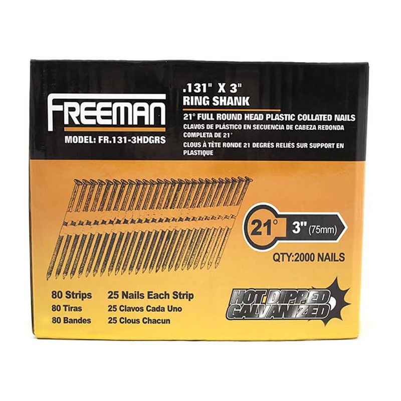 Freeman FR.131-3HDGRS 21 Degree 0.131 x 3 Inch Plastic Collated Solid Steel Constructed Ring Shank Galvanized Framing Nails, 2000 Nails in Box