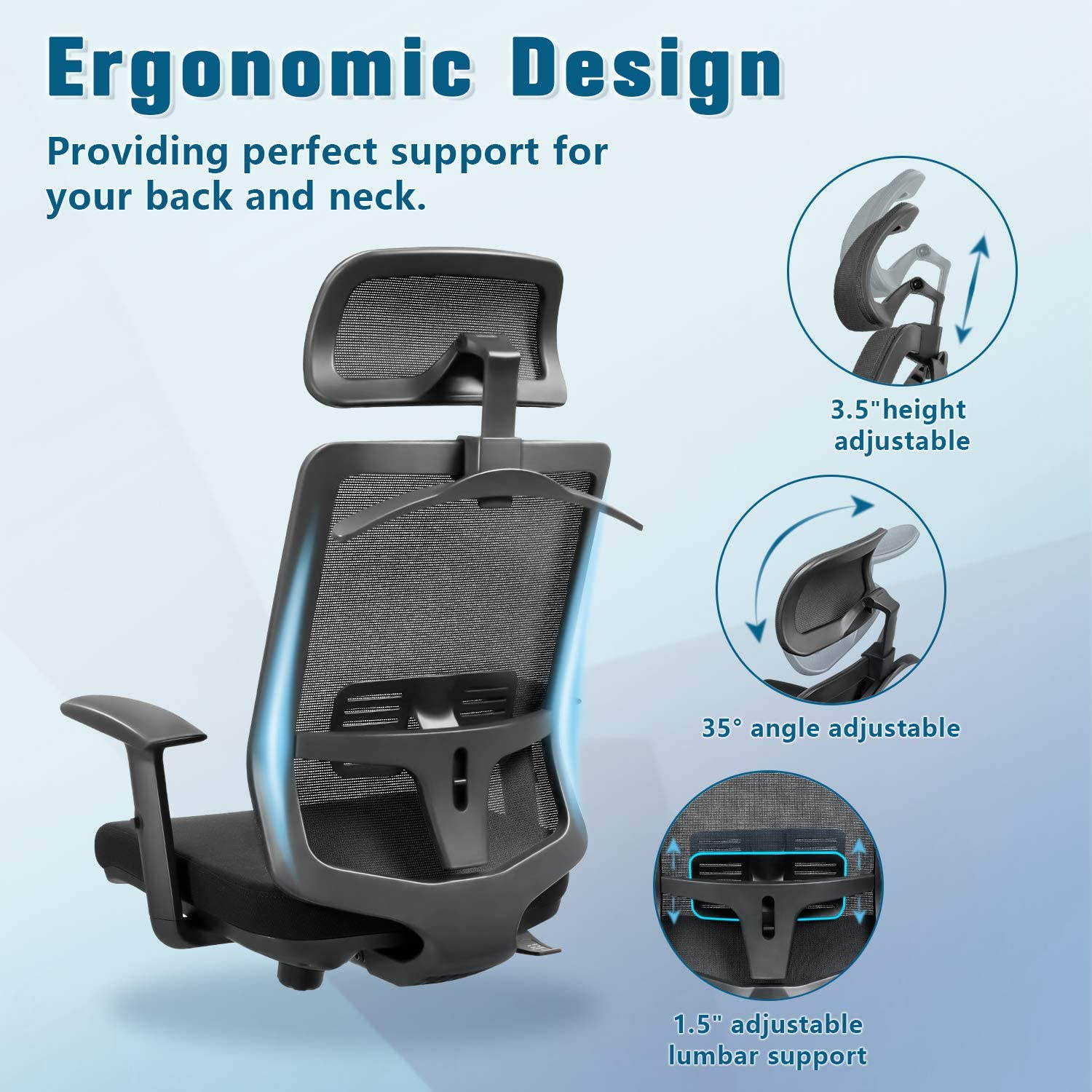 Furmax Ergonomic Office Chair High Back Desk Chair Mesh Computer Chair with Adjustable Headrest, Lumbar Support, Armrests and Clothes Hanger (Black)