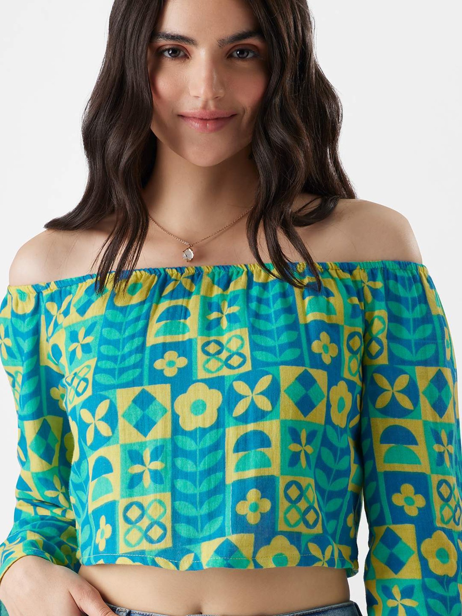 The Souled Store Blue Cotton Printed Crop Top