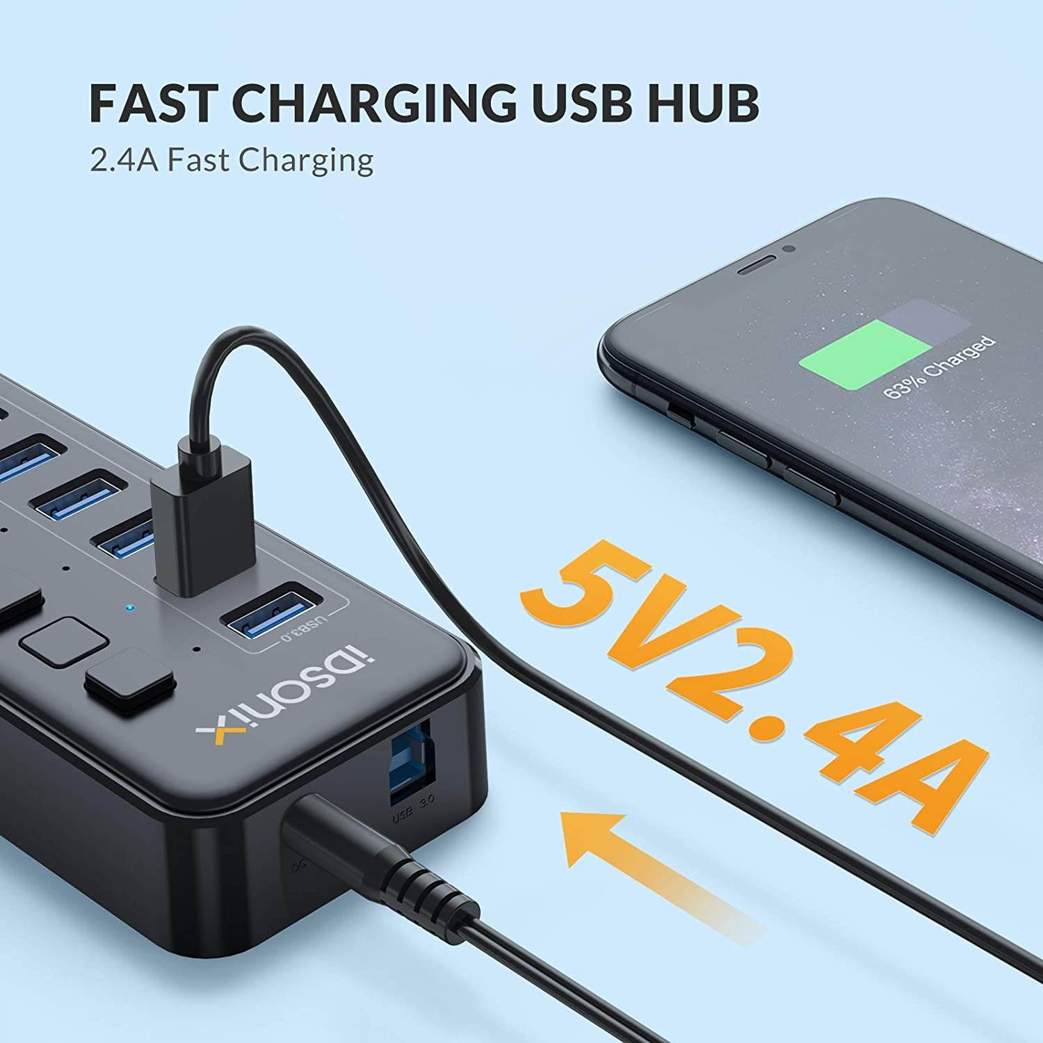 iDsonix USB 3.0 Hub 16-Port 12V / 6.5A Powered USB Hub with Individual Switches 5Gbps High Speed Transfer BC1.2 (5V2.4A) Fast Charge USB Splitter for Laptop PC HDD SDD and More -Black