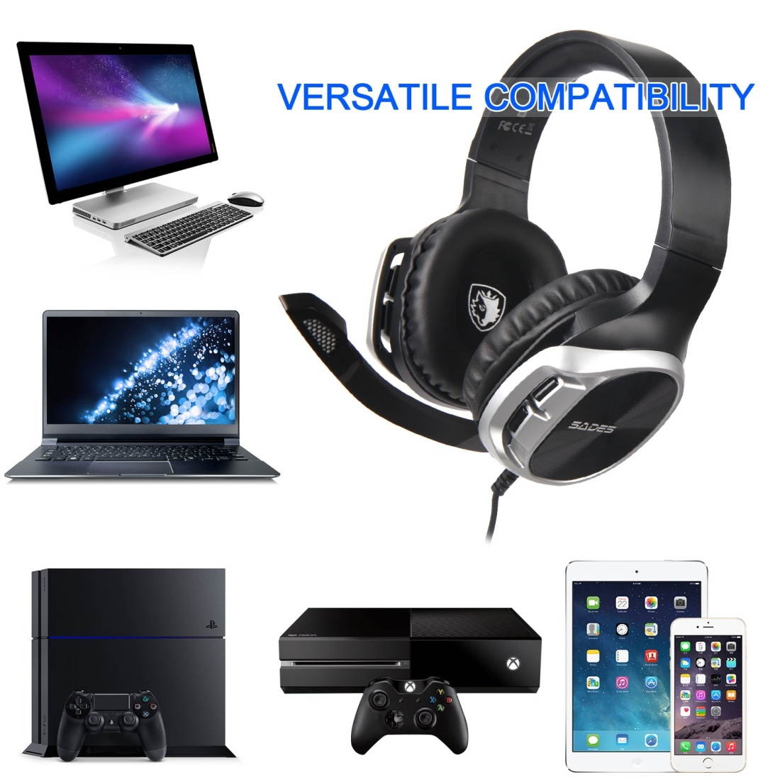 SADES R17 3.5mm Wired Adjustable Gaming Headphone with Retractable Microphone & 1 to 2 3.5mm Audio Cable, Speaker Diameter: 50mm, Impedance: 32ohms, Length: 1.5m(Silver+Black)