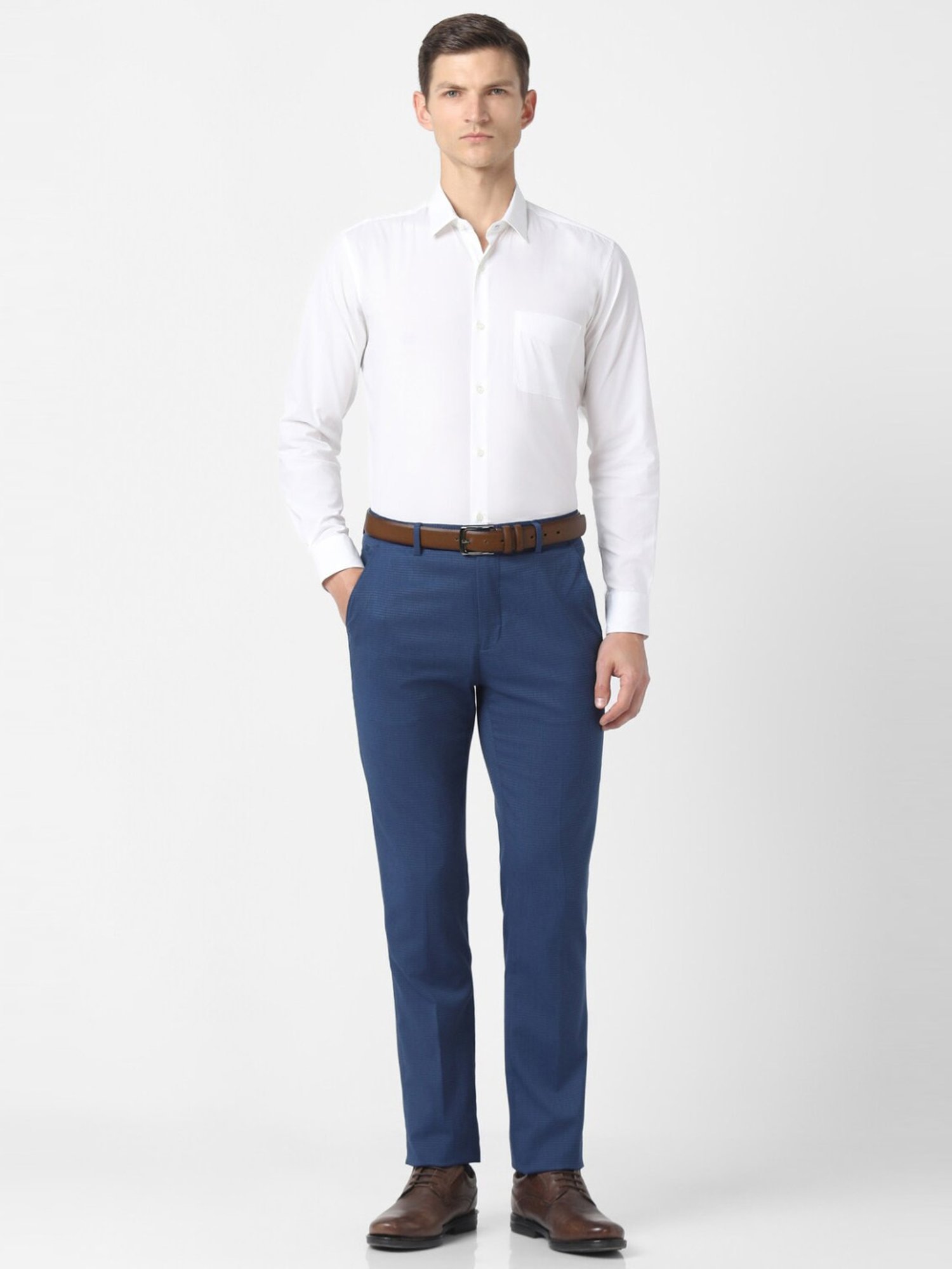 Peter England Blue Slim Fit Checks Trousers