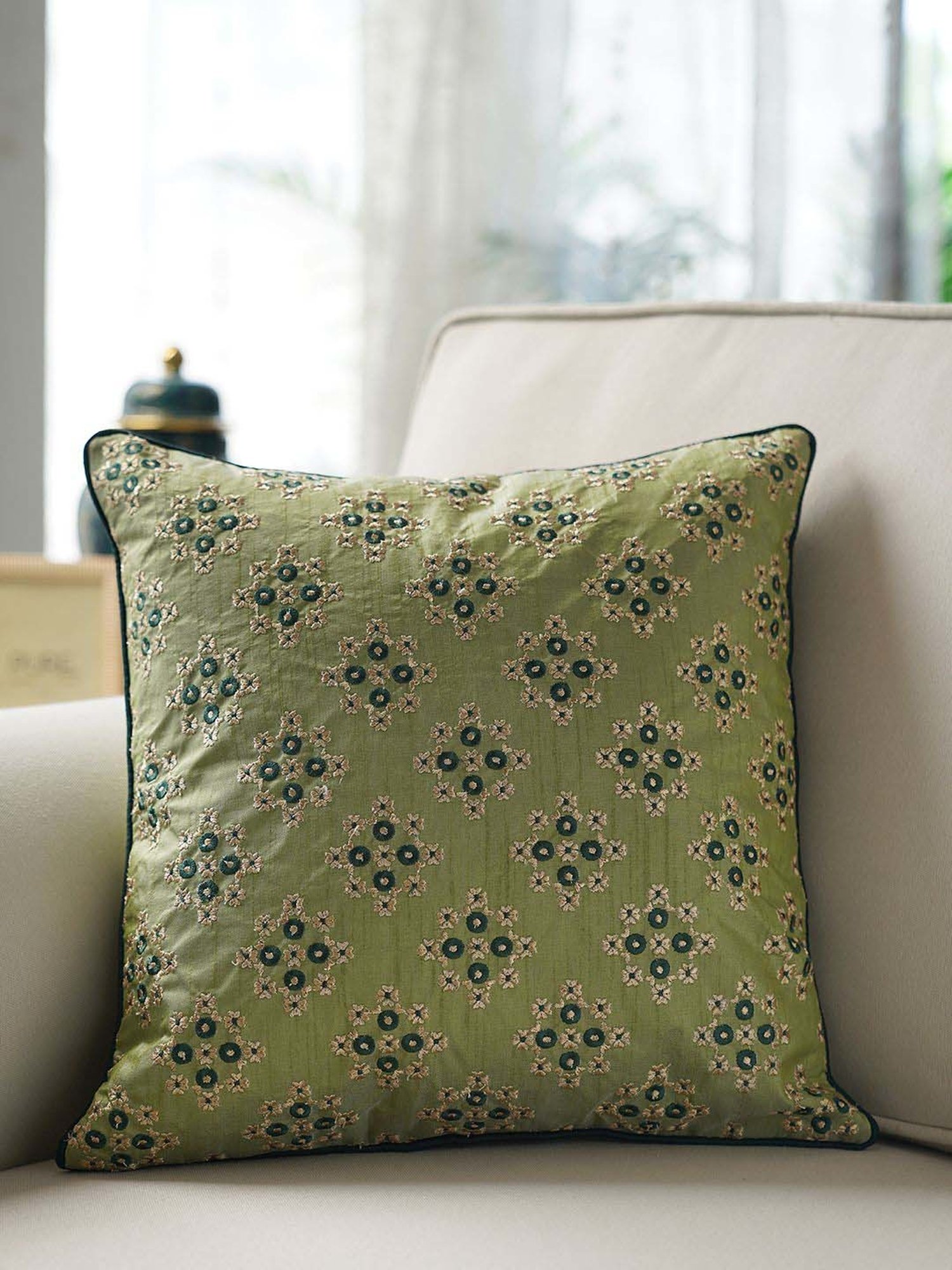 Pure Home and Living Green Cotton Embroidered Cushion Cover With Piping