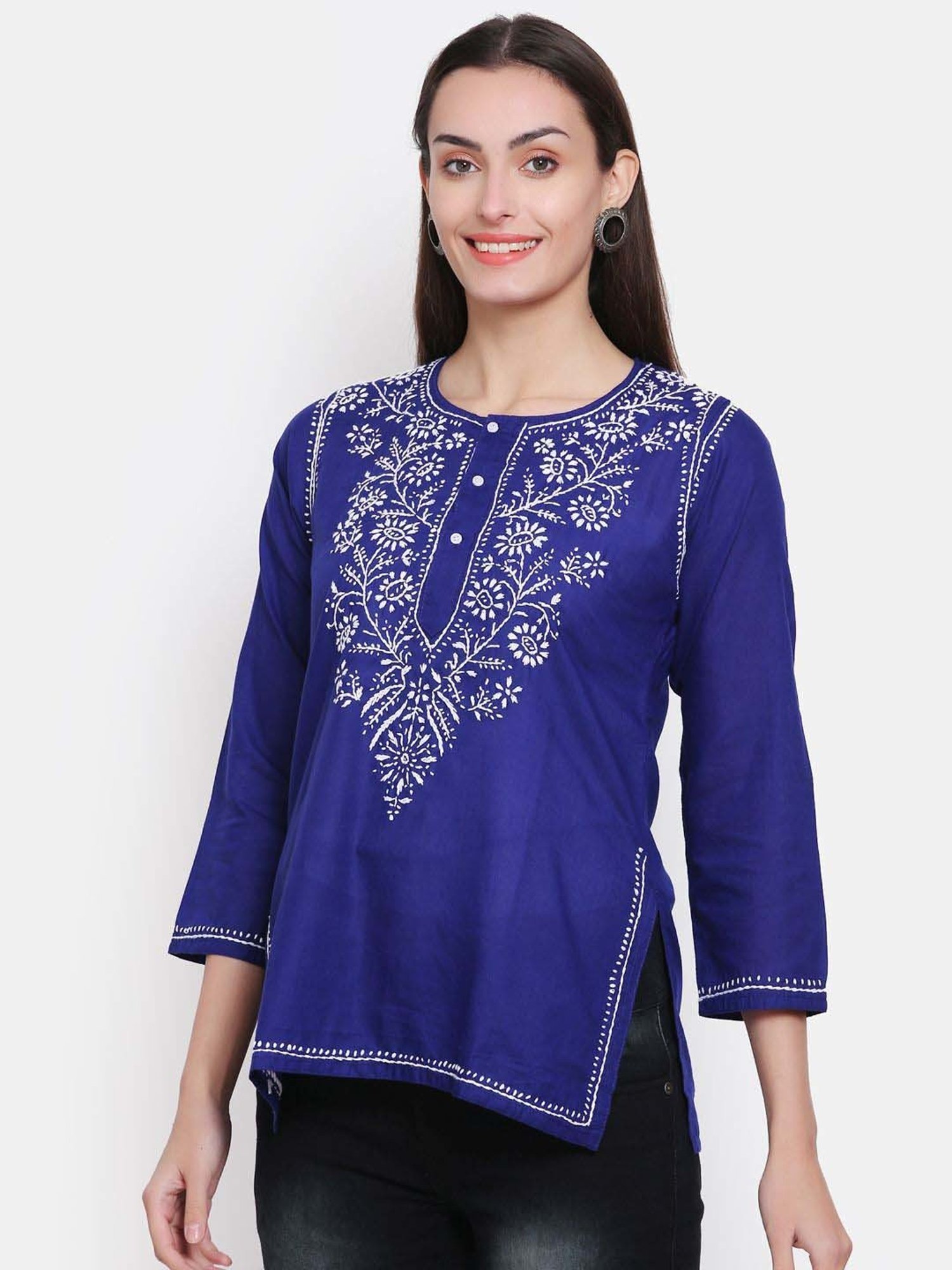 PARAMOUNT CHIKAN Midnight Blue Cotton Chikankari Straight Kurti