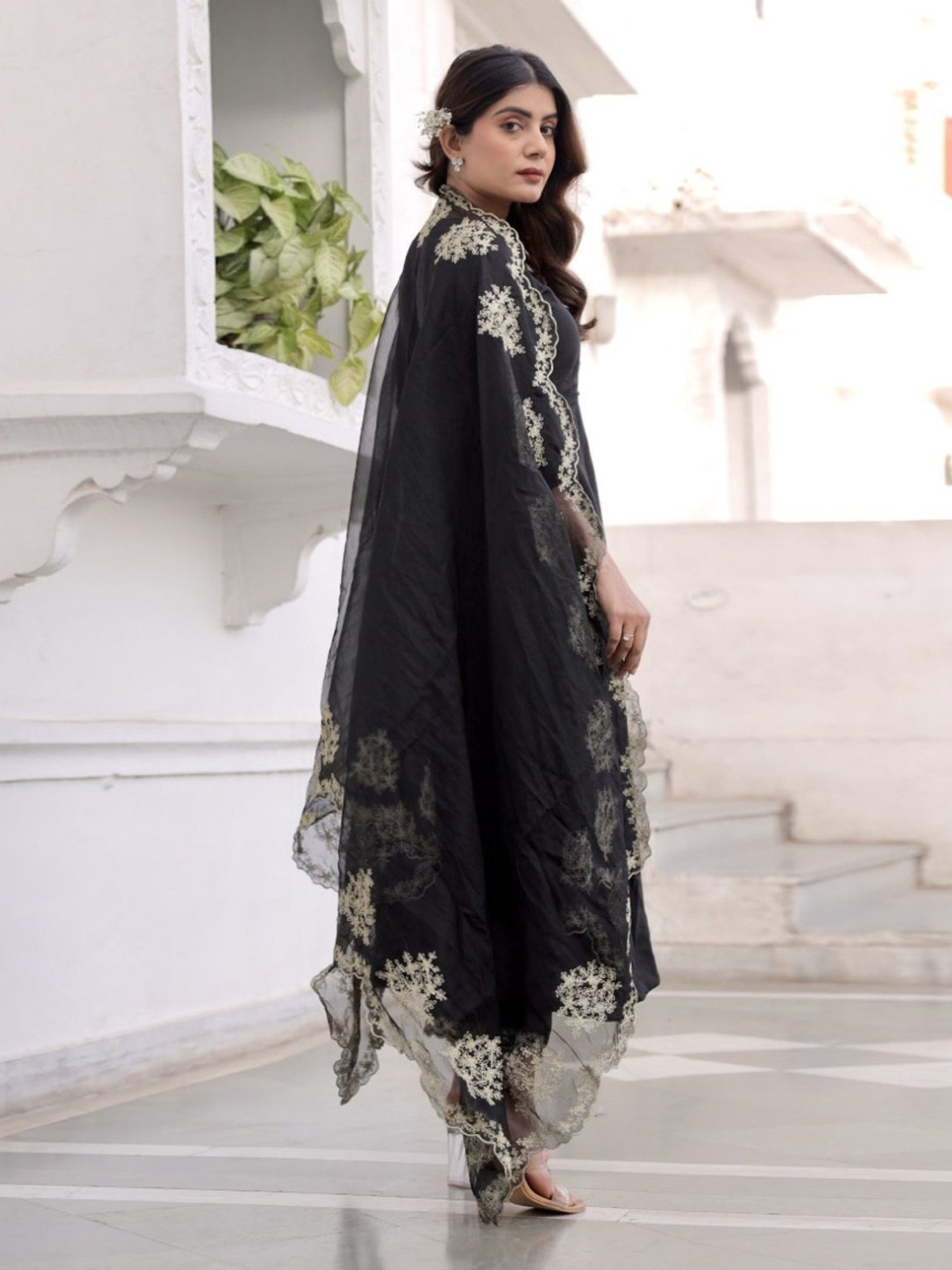 Asrumo Black Sukoon Summer Three Anarkali Kurta with Palazzo and Zari Work Organza Dupatta Set