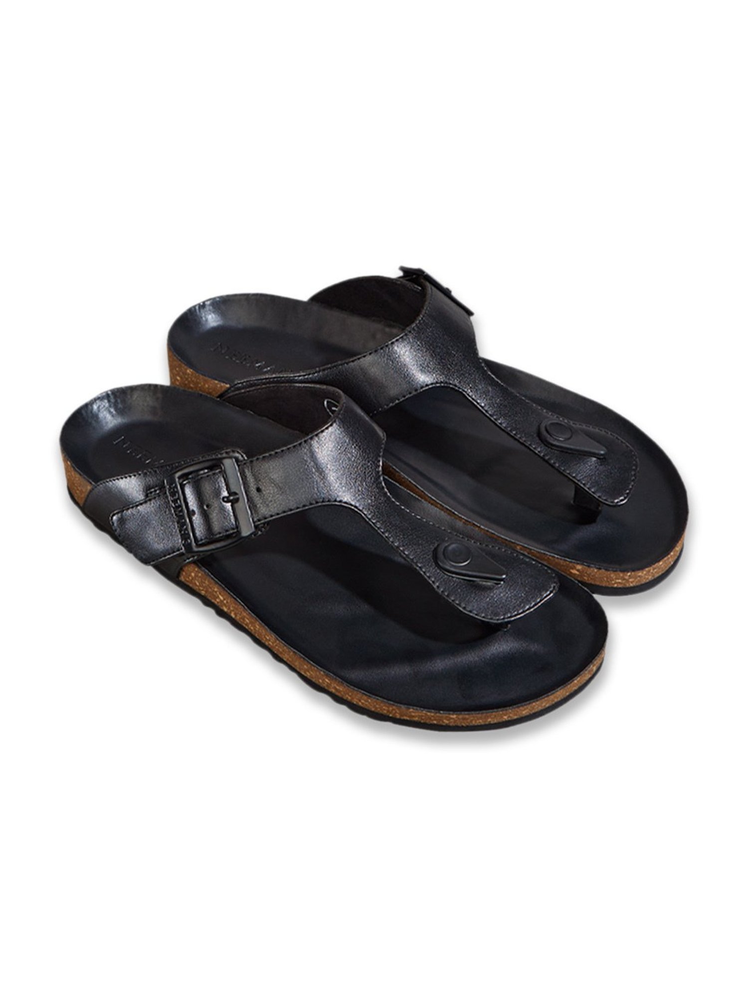 Neemans Men's Cork Black T-Strap Sandals