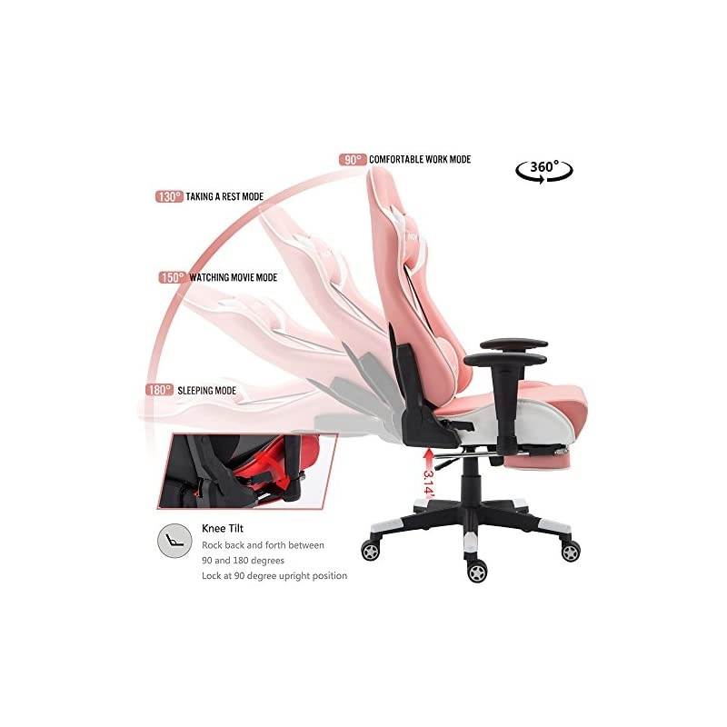Gaming Chair Large Size High-Back Ergonomic Racing Seat with Massager Lumbar Support and Retractible Footrest PU Leather 90-180 Degree Adjustment of backrest Thickening sponges (YK-6008-PINK)