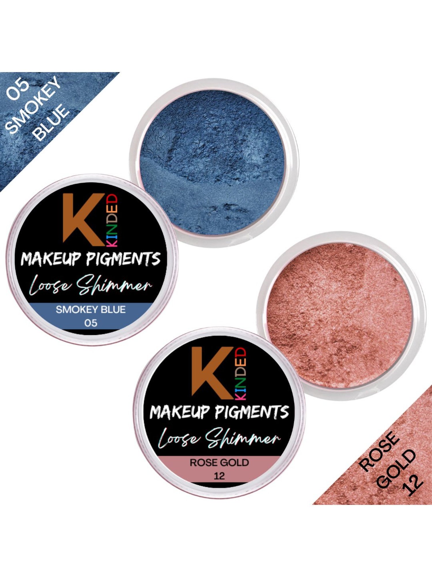 KINDED Makeup Pigments Loose Shimmer Powder Eyeshadow 05 Smokey Blue & 12 Rose Gold Combo
