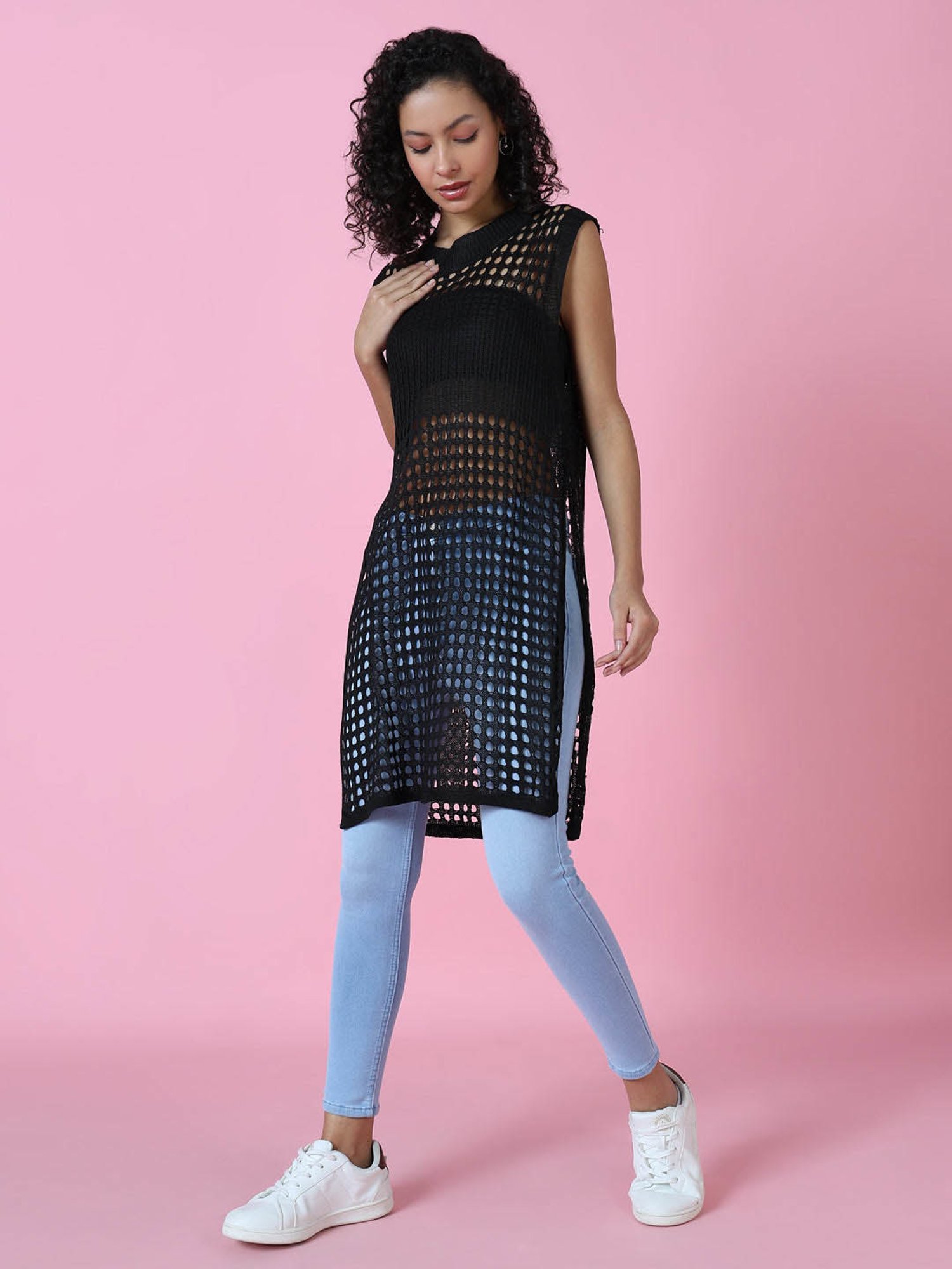 SHOWOFF Black Self Design Longline Top