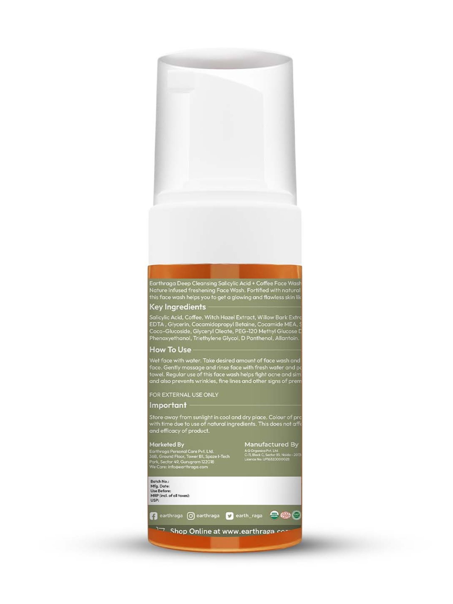 Earthraga Deep Cleansing Salicylic Acid + Coffee Face Wash - 100 ml