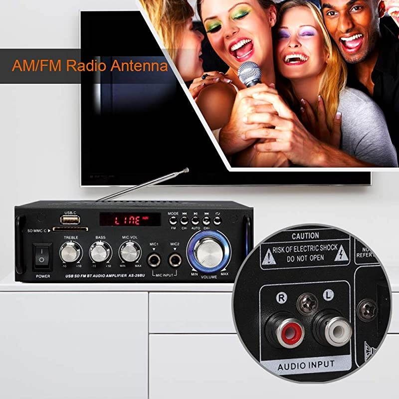 Karaoke Wireless Bluetooth Stereo Amplifier System 180W Dual Channel Sound Power Audio Receiver wUSB SD Card FM Radio 2 Mics in for Home Theater Speakers with Remote ControlAS29BU