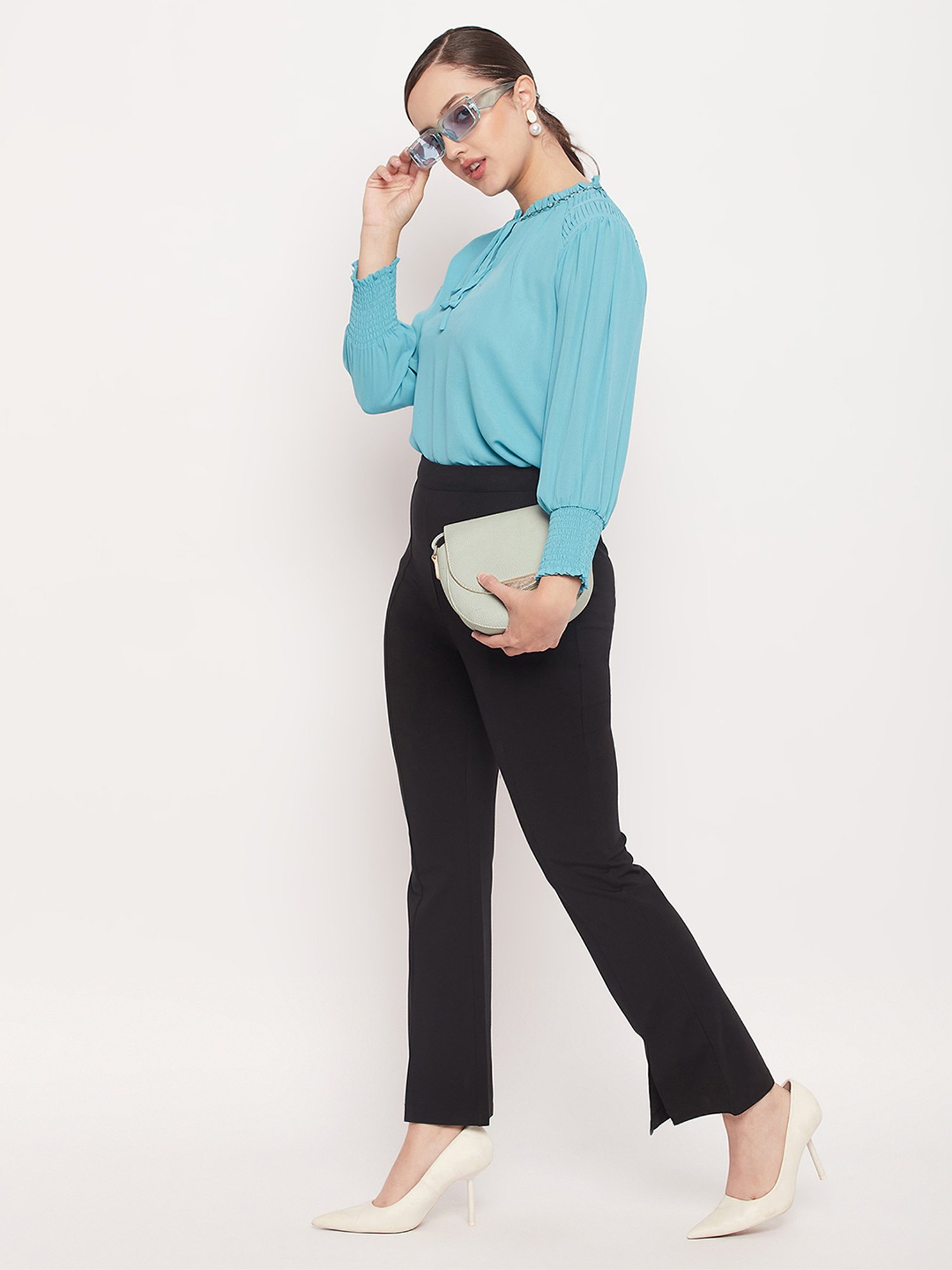 MADAME Turquoise Cotton Embellished Top